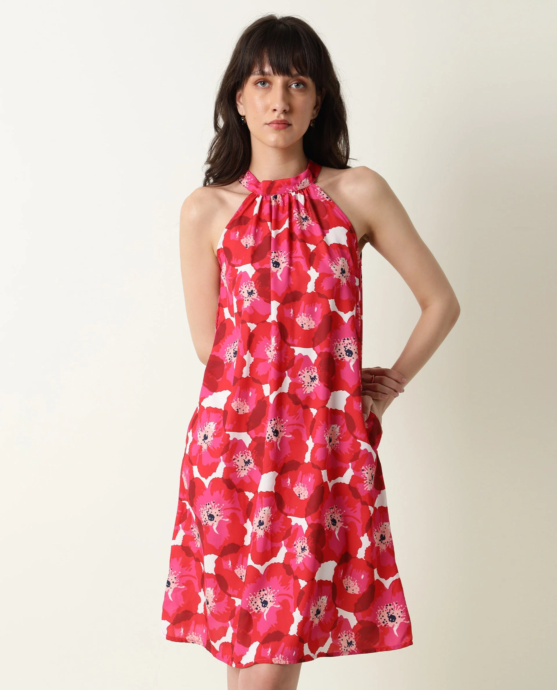 Rareism Women's Oasis Red Halter Neck Floral Print Sleeveless Knee Length Regular Fit Dress