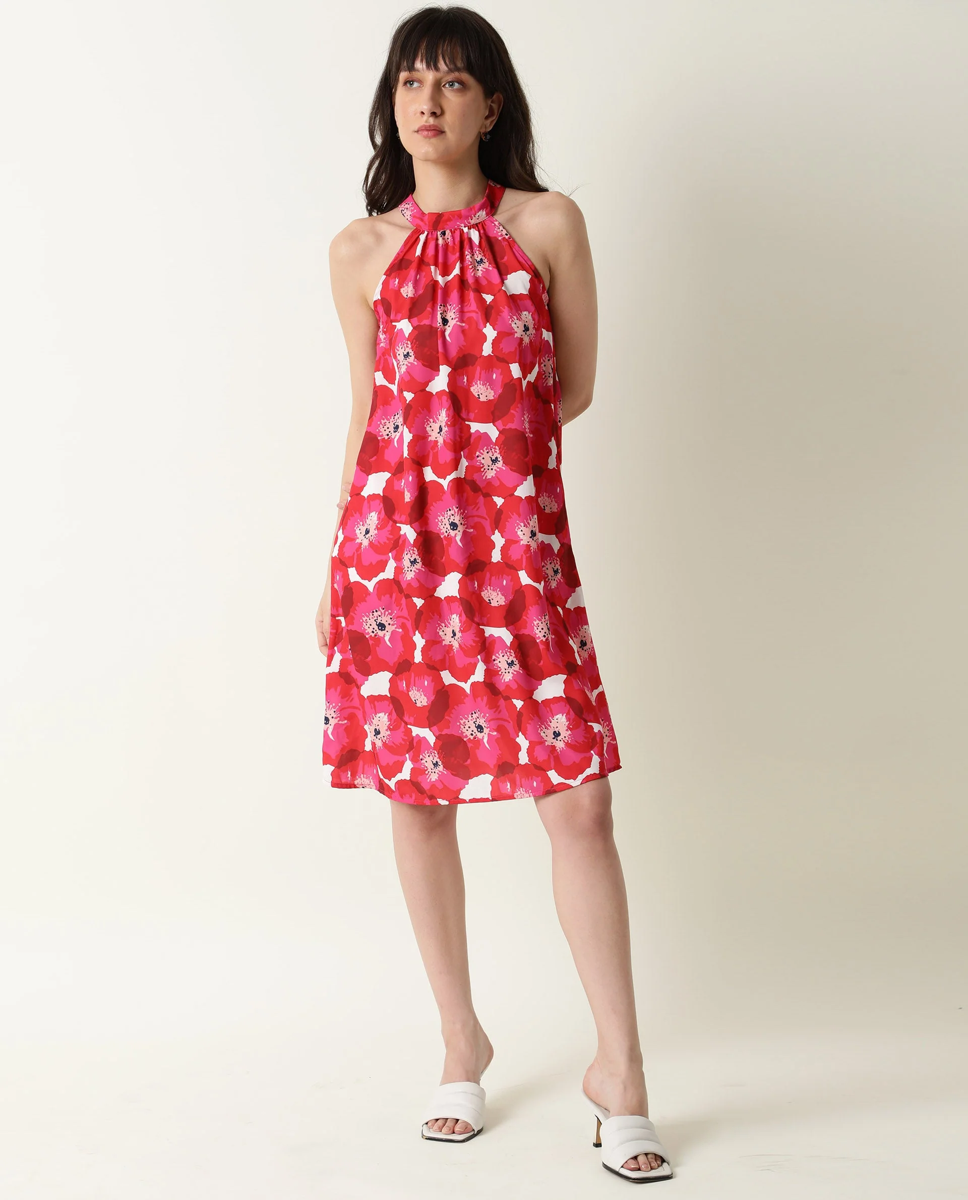 Rareism Women's Oasis Red Halter Neck Floral Print Sleeveless Knee Length Regular Fit Dress - Image 3
