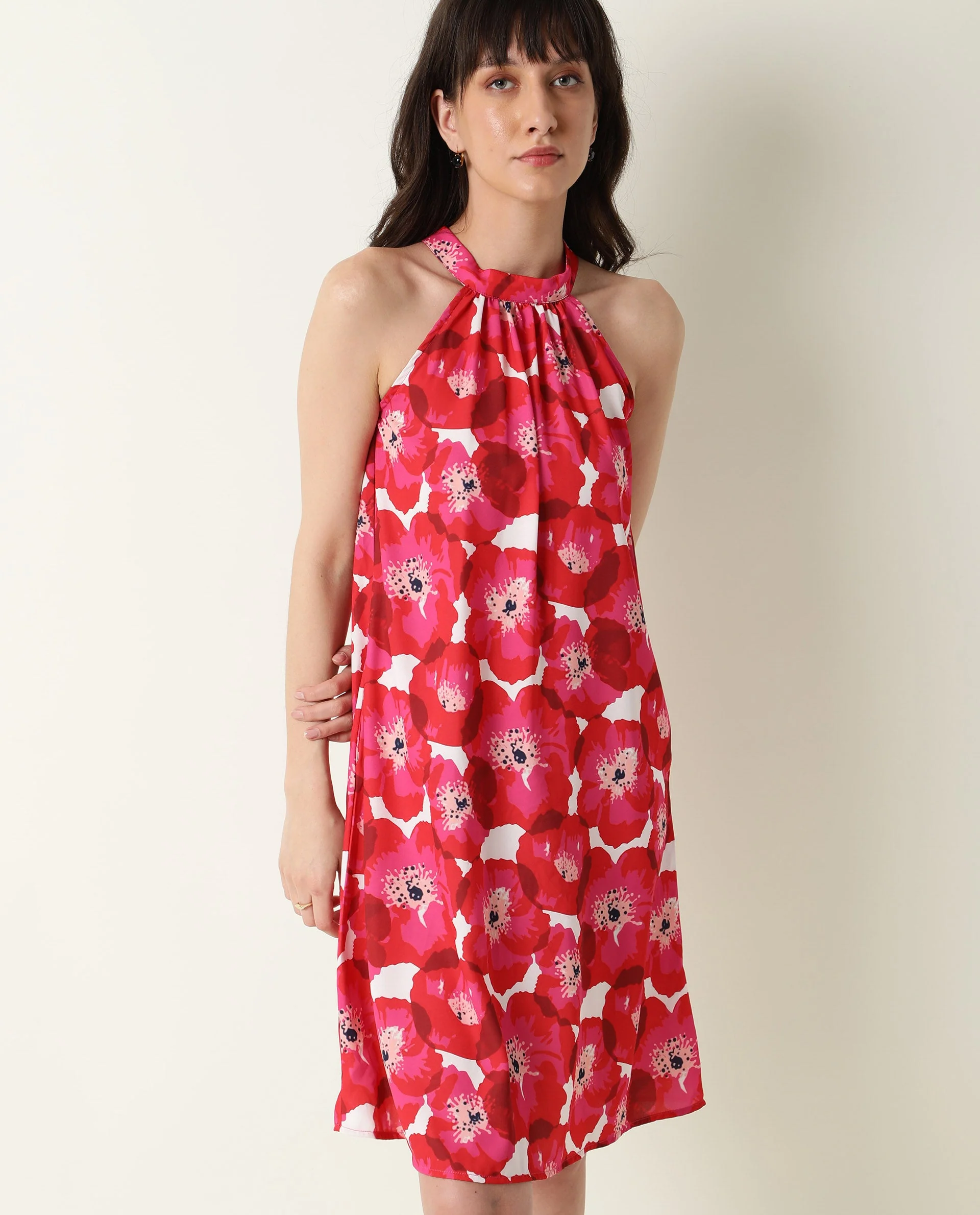 Rareism Women's Oasis Red Halter Neck Floral Print Sleeveless Knee Length Regular Fit Dress - Image 4