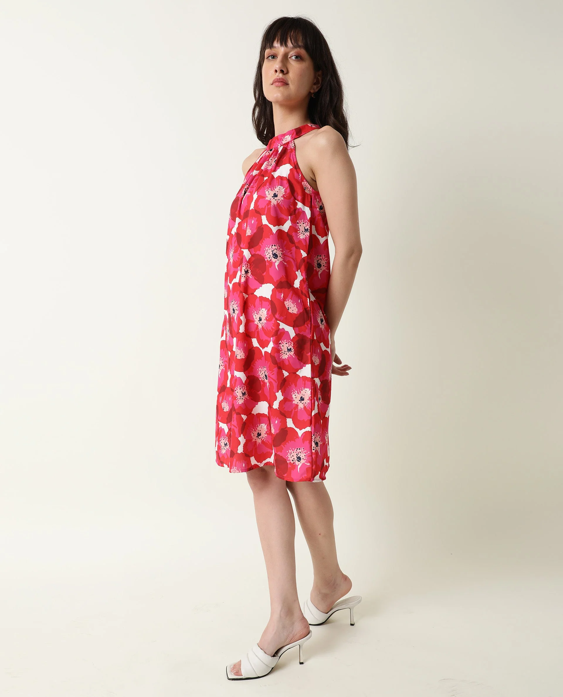 Rareism Women's Oasis Red Halter Neck Floral Print Sleeveless Knee Length Regular Fit Dress - Image 5
