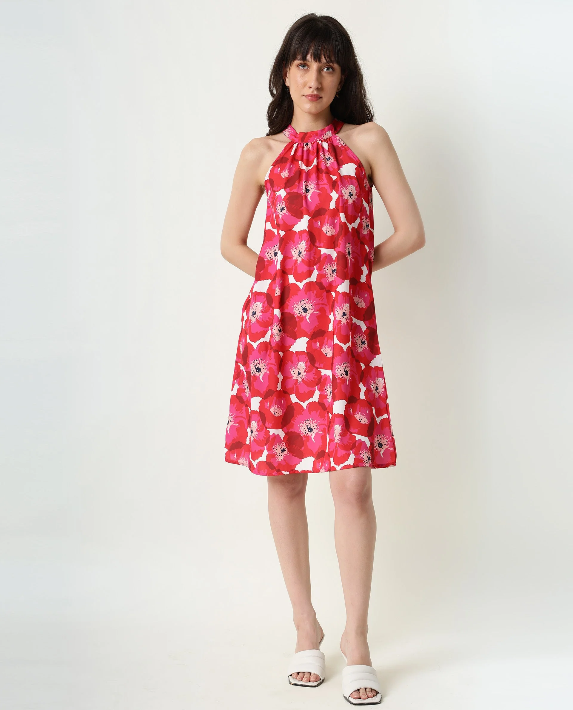 Rareism Women's Oasis Red Halter Neck Floral Print Sleeveless Knee Length Regular Fit Dress - Image 7