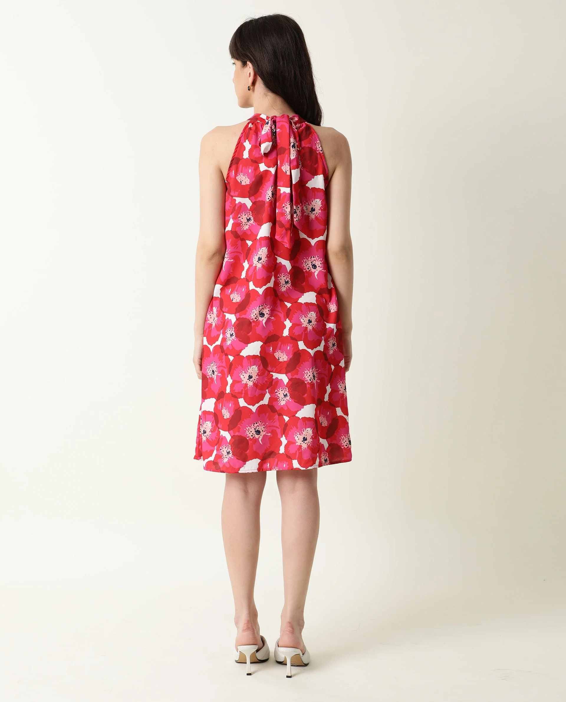 Rareism Women's Oasis Red Halter Neck Floral Print Sleeveless Knee Length Regular Fit Dress - Image 8
