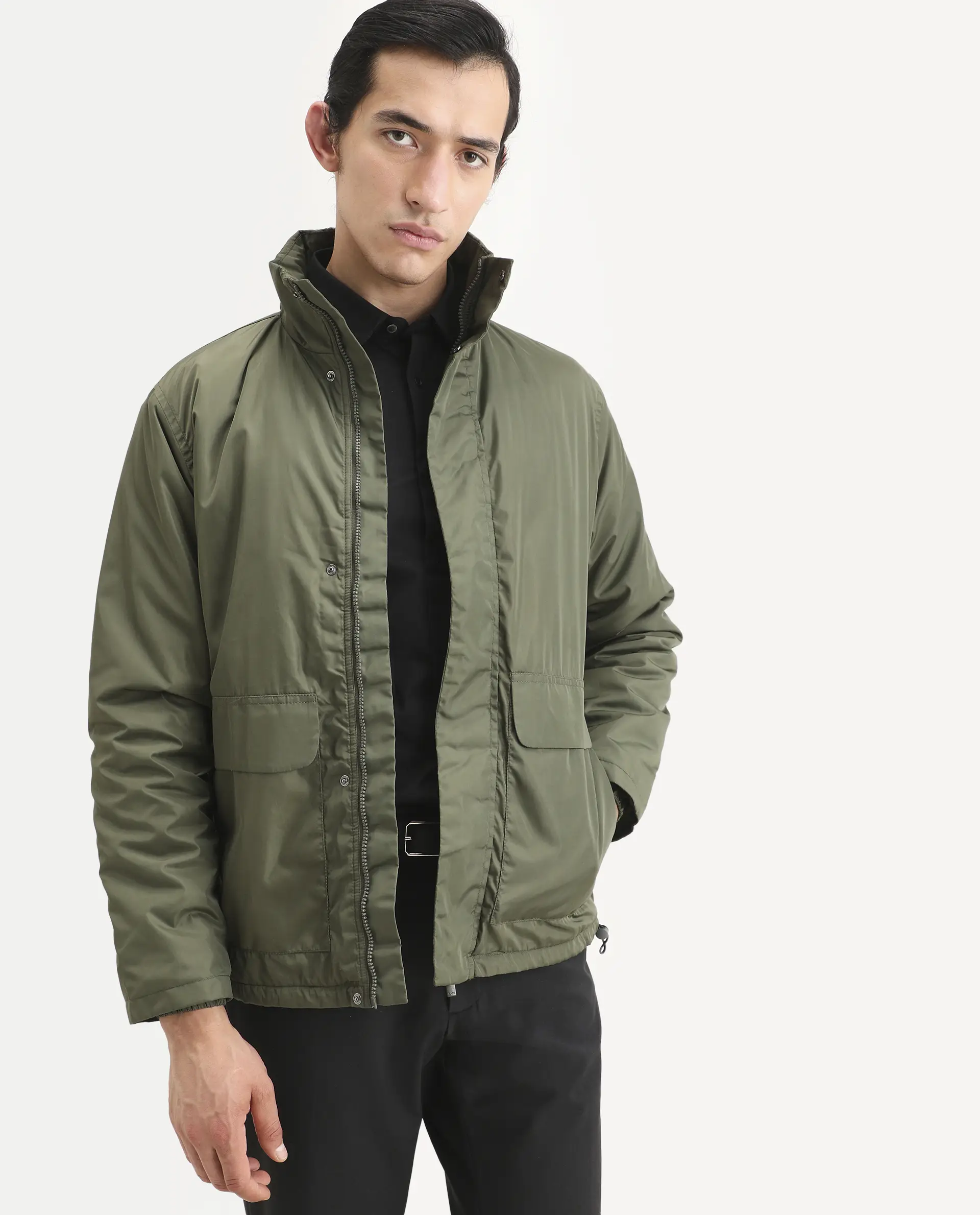 Rare Rabbit Men's Oba Dark Green Polyester Plain Relaxed Fit Full Sleeve High Neck Jacket