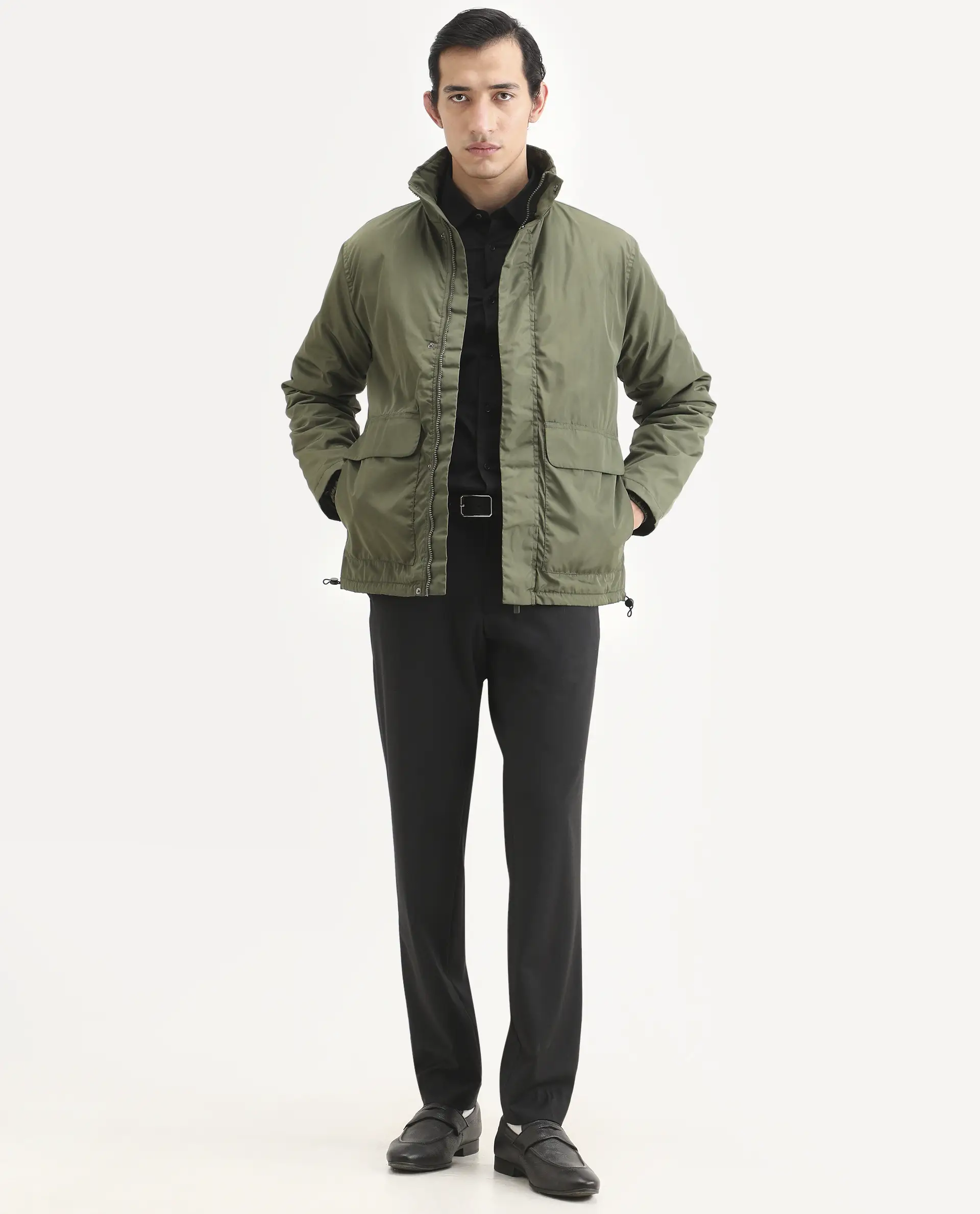 Rare Rabbit Men's Oba Dark Green Polyester Plain Relaxed Fit Full Sleeve High Neck Jacket - Image 2