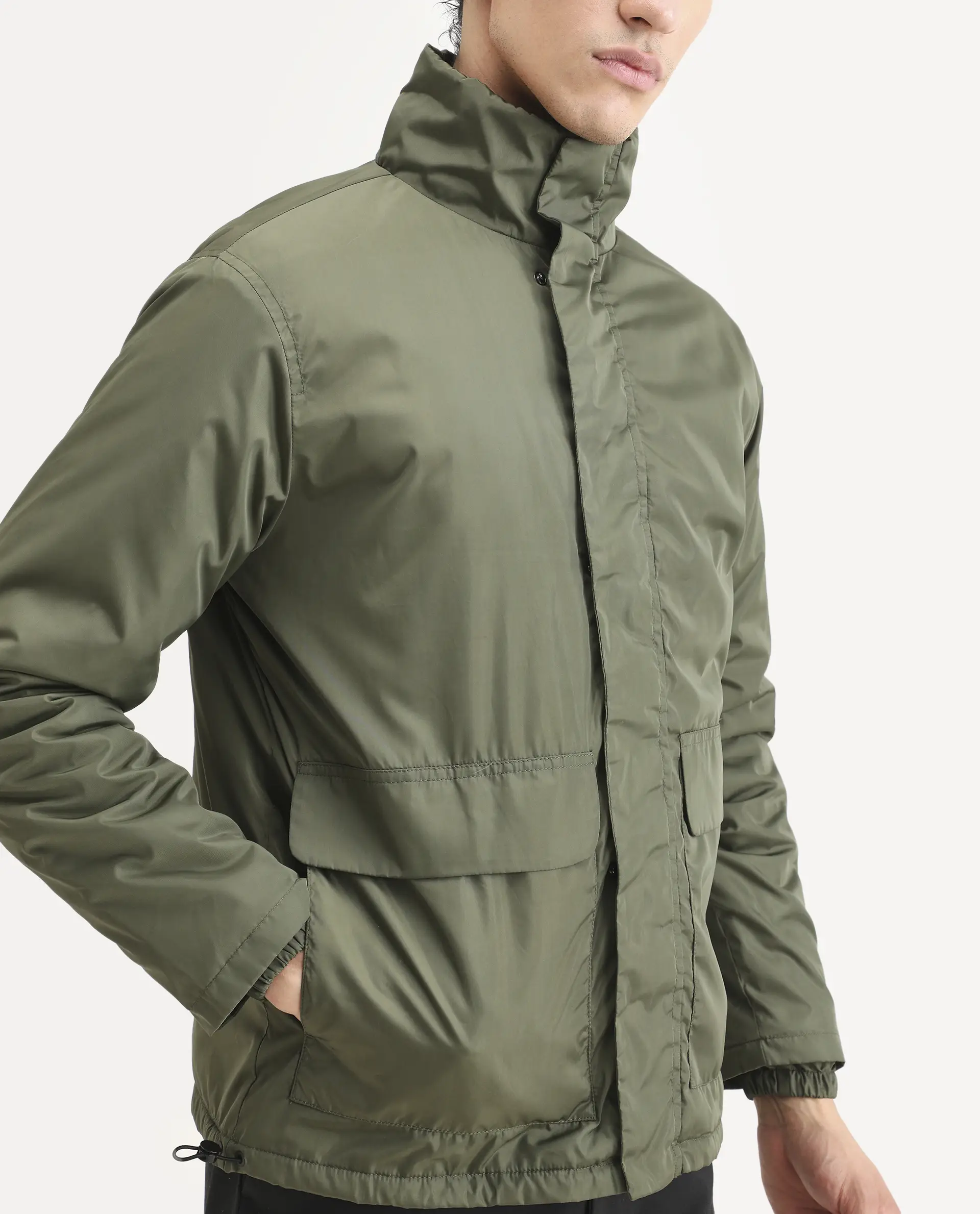 Rare Rabbit Men's Oba Dark Green Polyester Plain Relaxed Fit Full Sleeve High Neck Jacket - Image 3