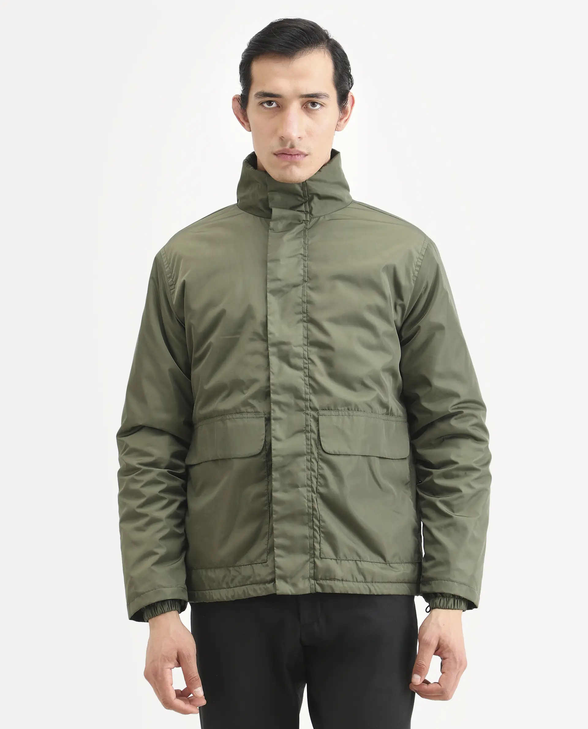 Rare Rabbit Men's Oba Dark Green Polyester Plain Relaxed Fit Full Sleeve High Neck Jacket - Image 4