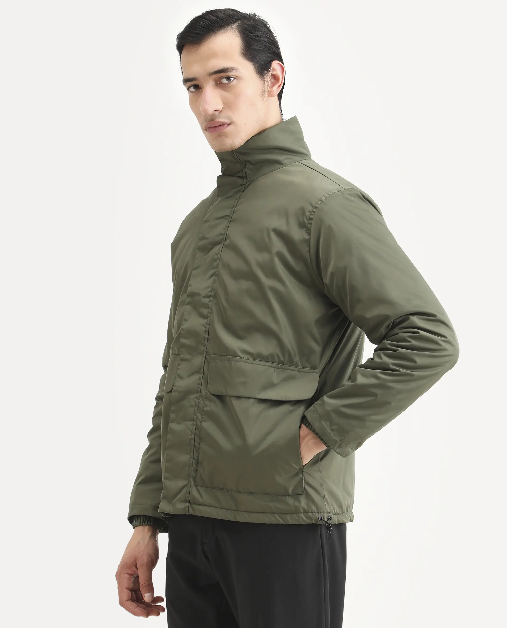 Rare Rabbit Men's Oba Dark Green Polyester Plain Relaxed Fit Full Sleeve High Neck Jacket - Image 5