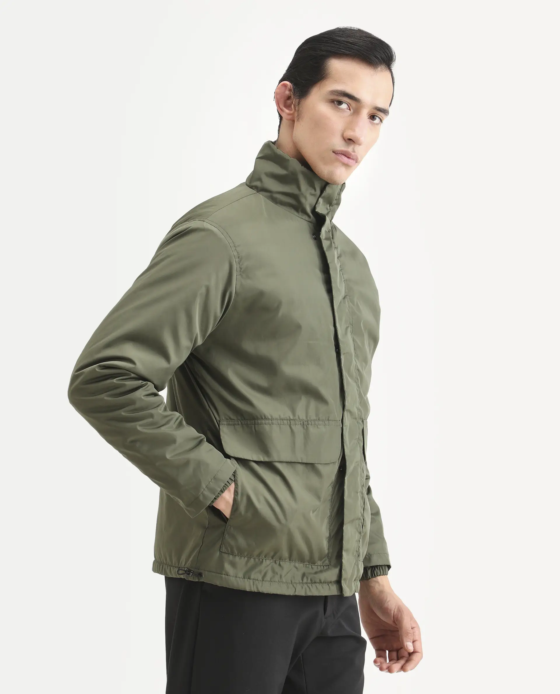 Rare Rabbit Men's Oba Dark Green Polyester Plain Relaxed Fit Full Sleeve High Neck Jacket - Image 6
