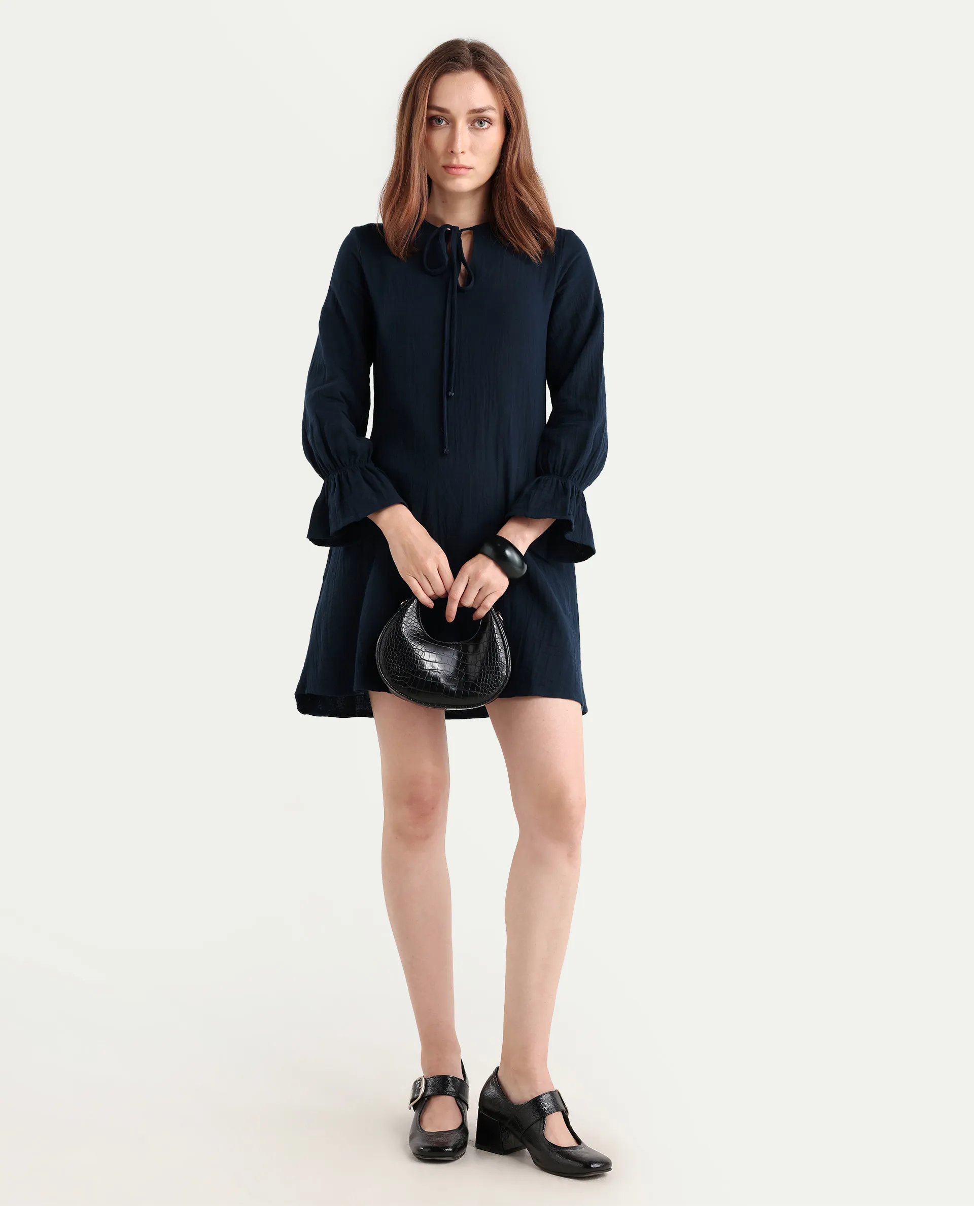Rareism Women's Oberon Navy Cotton Tie-Up Neck Plain Bishop Sleeve Mini A-Line Dress - Image 2