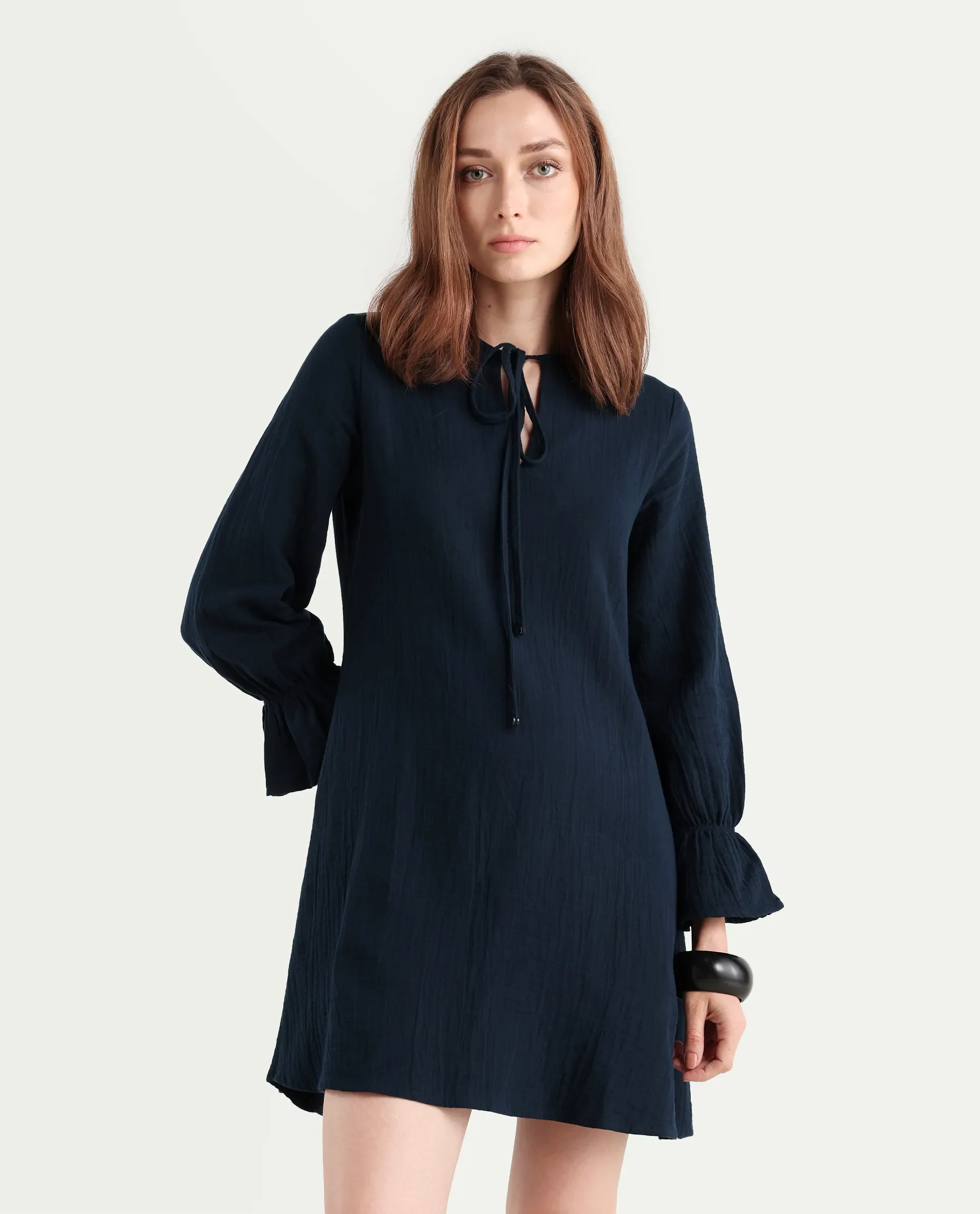 Rareism Women's Oberon Navy Cotton Tie-Up Neck Plain Bishop Sleeve Mini A-Line Dress - Image 3