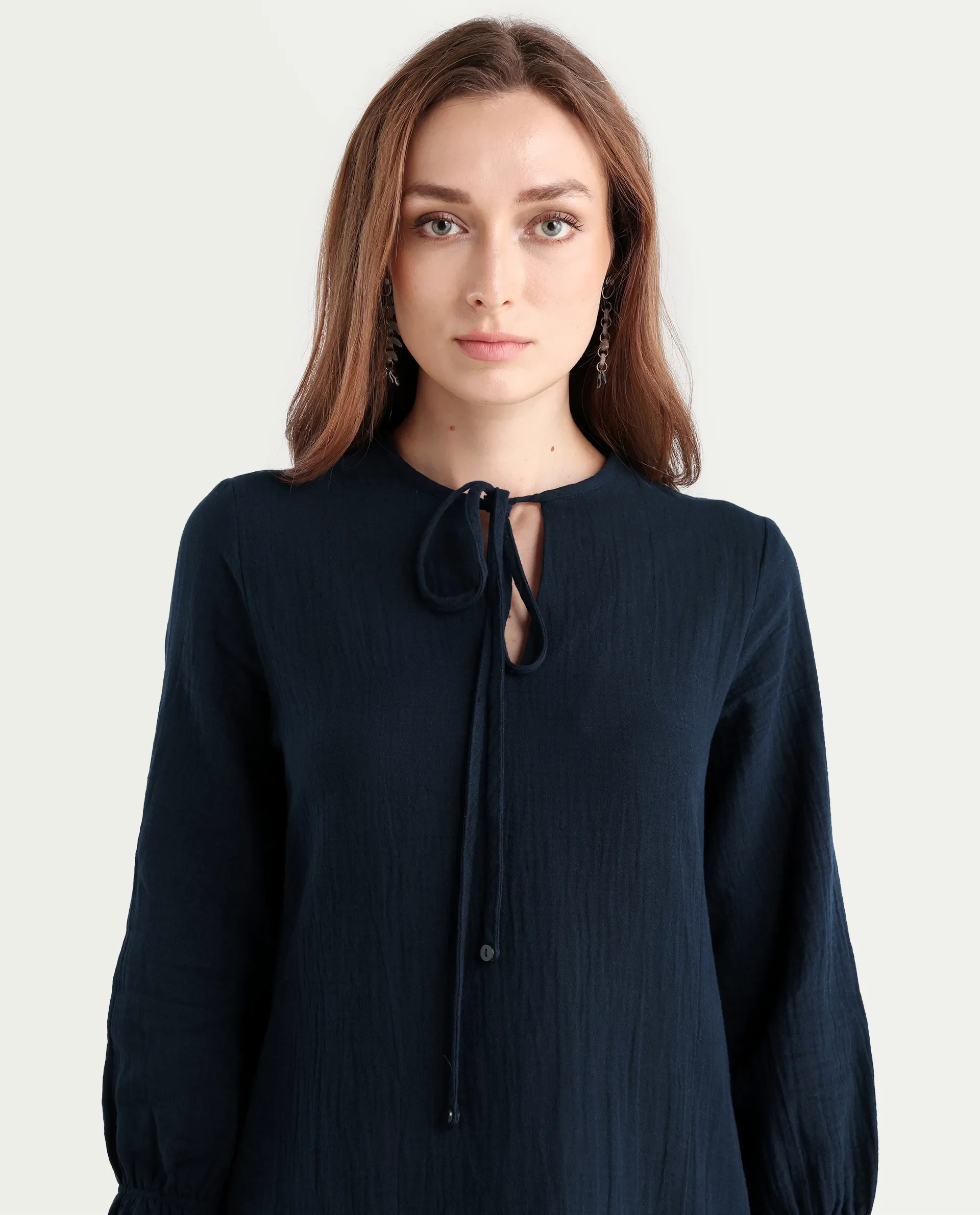Rareism Women's Oberon Navy Cotton Tie-Up Neck Plain Bishop Sleeve Mini A-Line Dress - Image 4