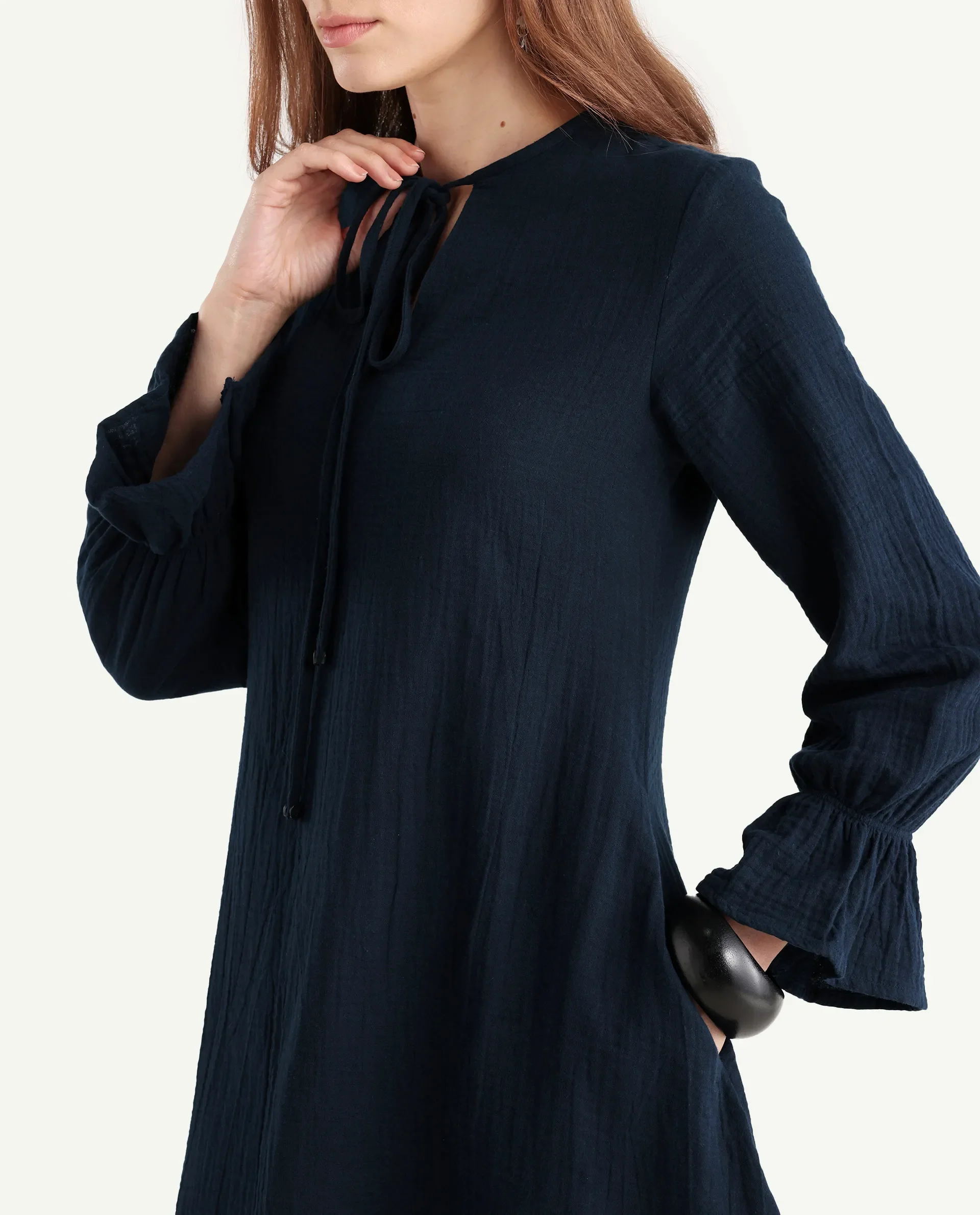 Rareism Women's Oberon Navy Cotton Tie-Up Neck Plain Bishop Sleeve Mini A-Line Dress - Image 5