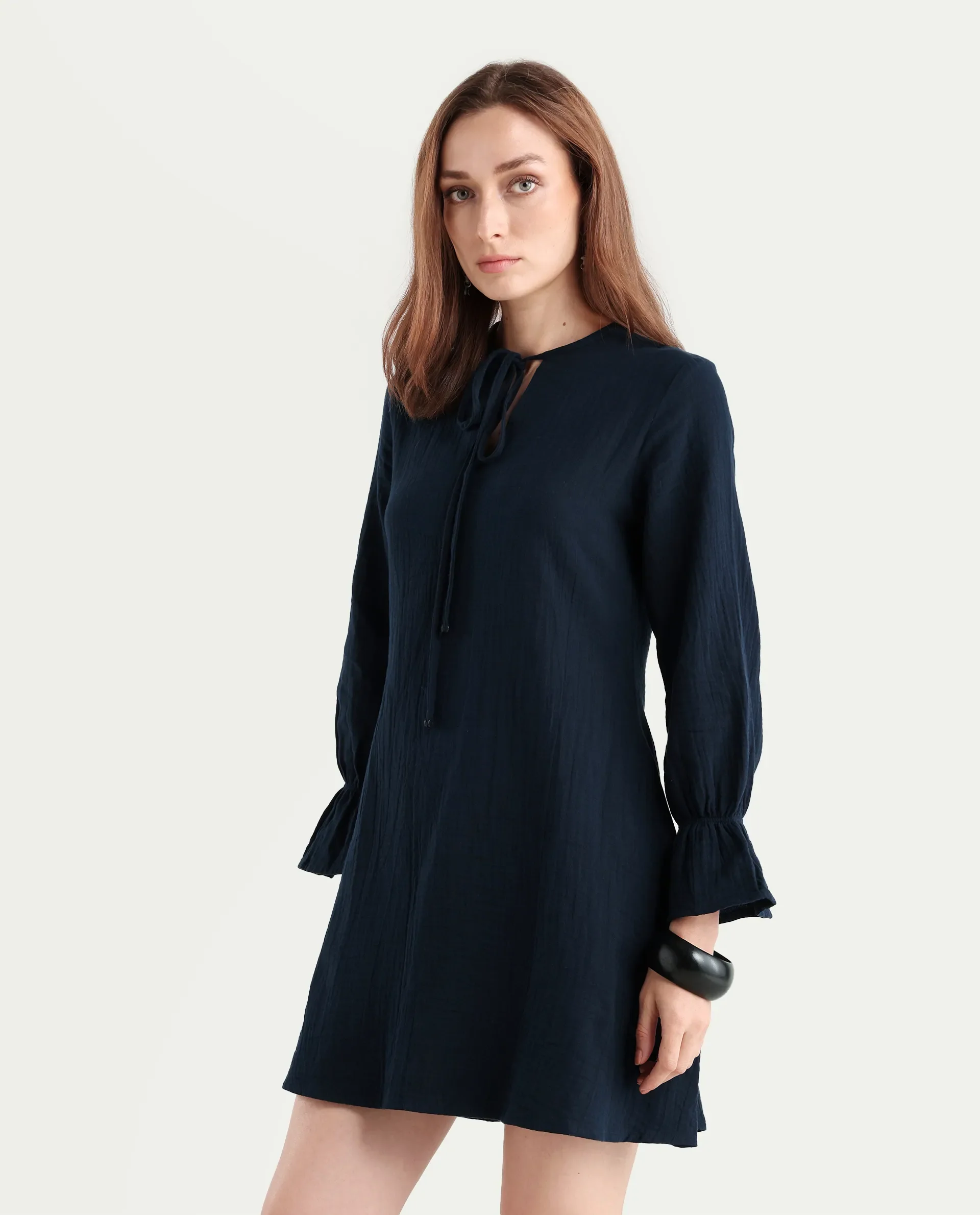 Rareism Women's Oberon Navy Cotton Tie-Up Neck Plain Bishop Sleeve Mini A-Line Dress - Image 6
