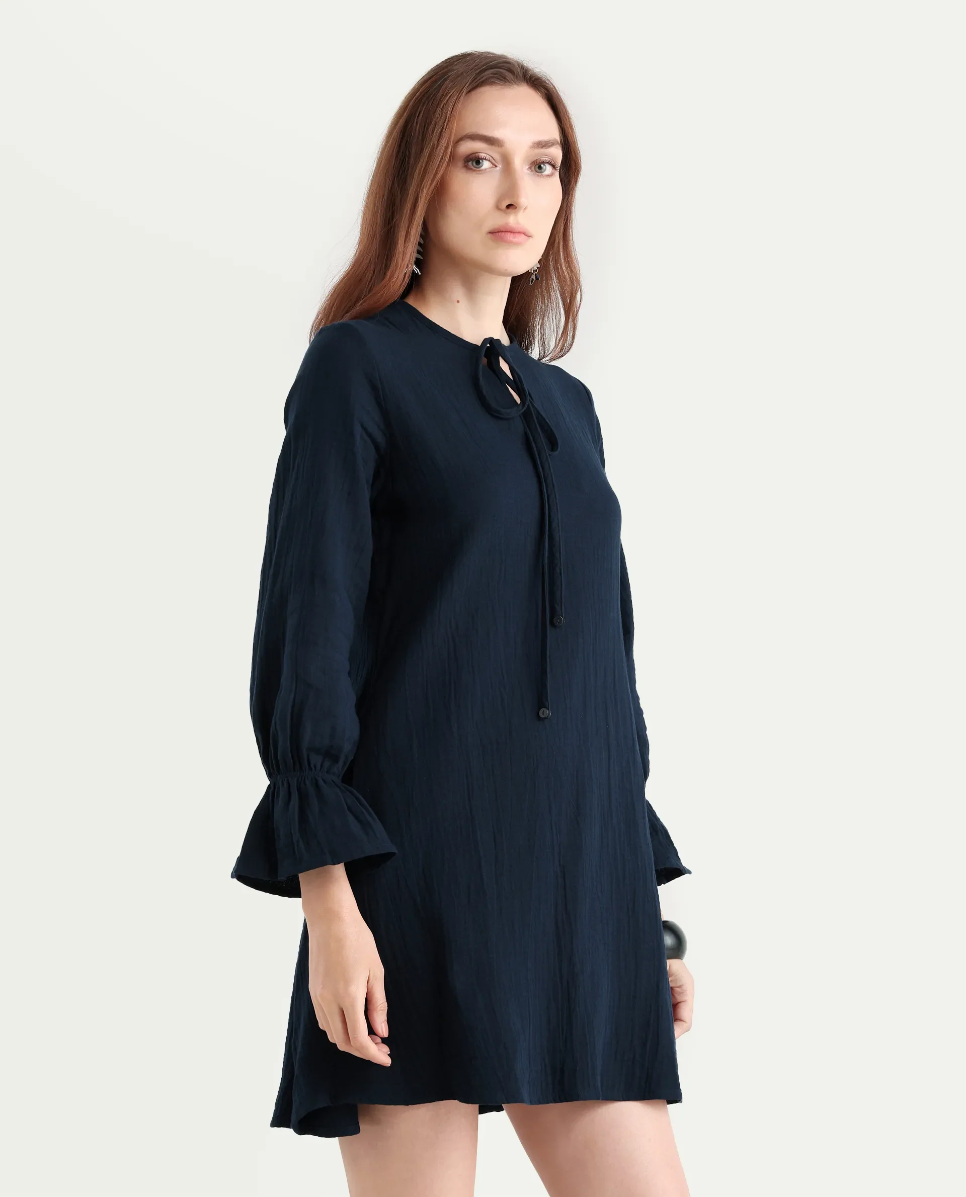Rareism Women's Oberon Navy Cotton Tie-Up Neck Plain Bishop Sleeve Mini A-Line Dress - Image 7