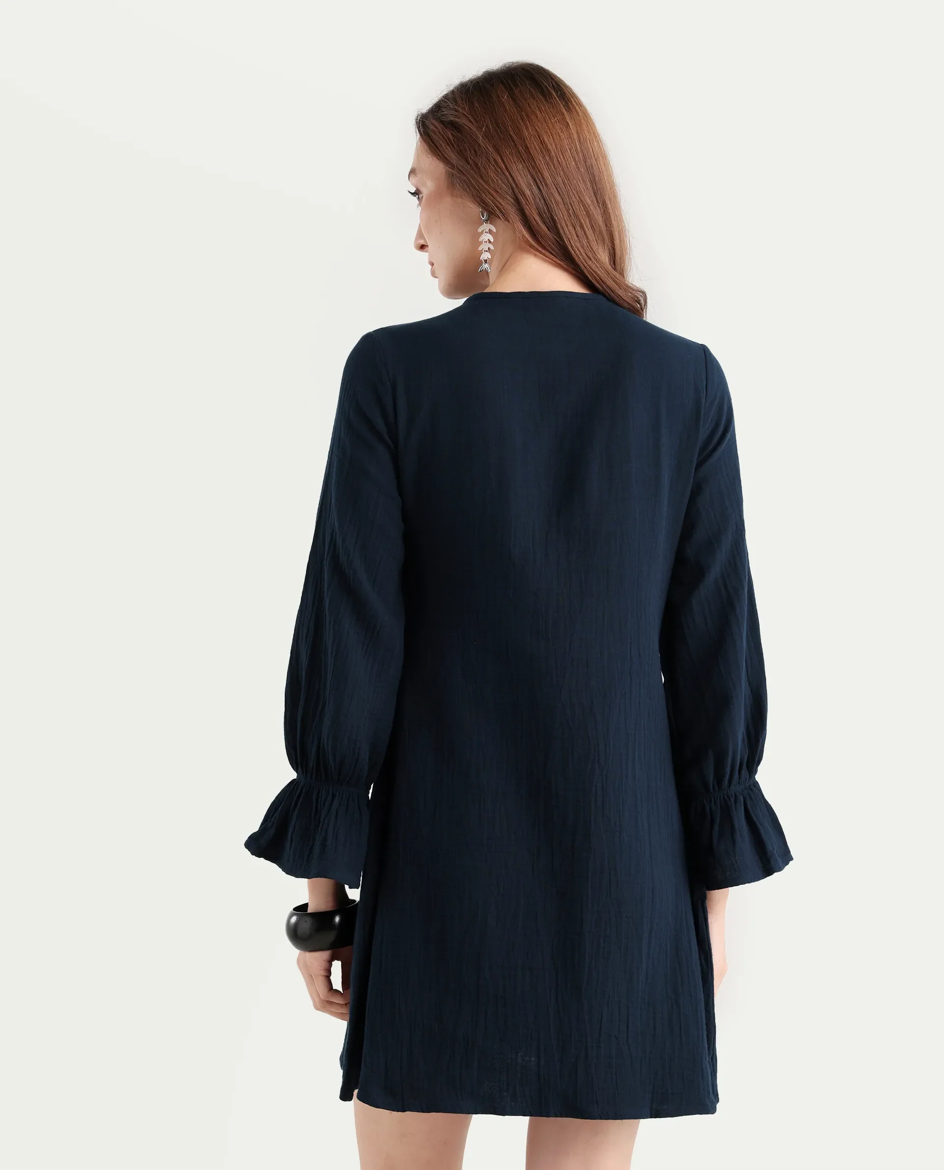 Rareism Women's Oberon Navy Cotton Tie-Up Neck Plain Bishop Sleeve Mini A-Line Dress - Image 8