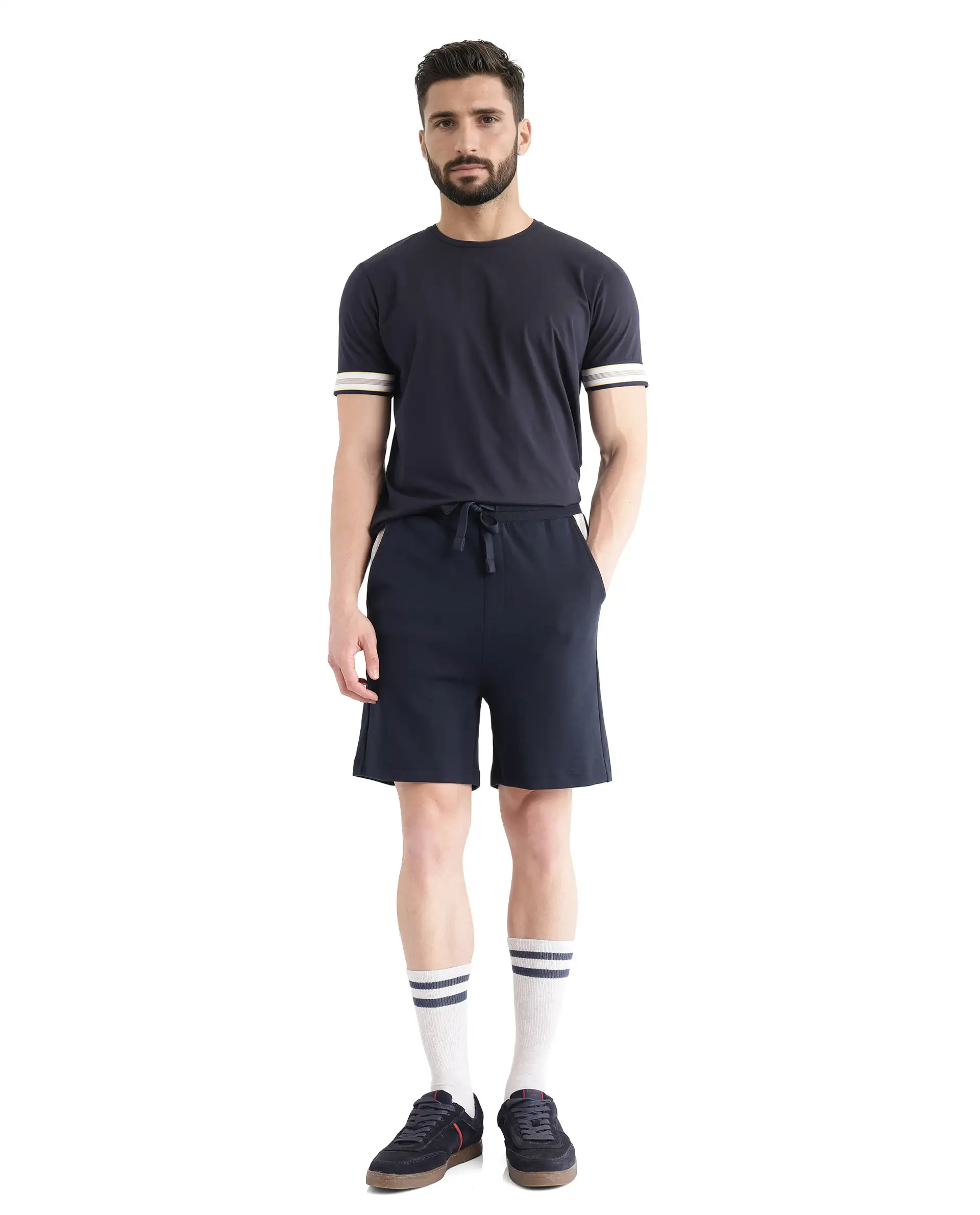 Rare Rabbit Men's Obl Navy Cotton Blend Plain Relaxed Fit Shorts - Image 5