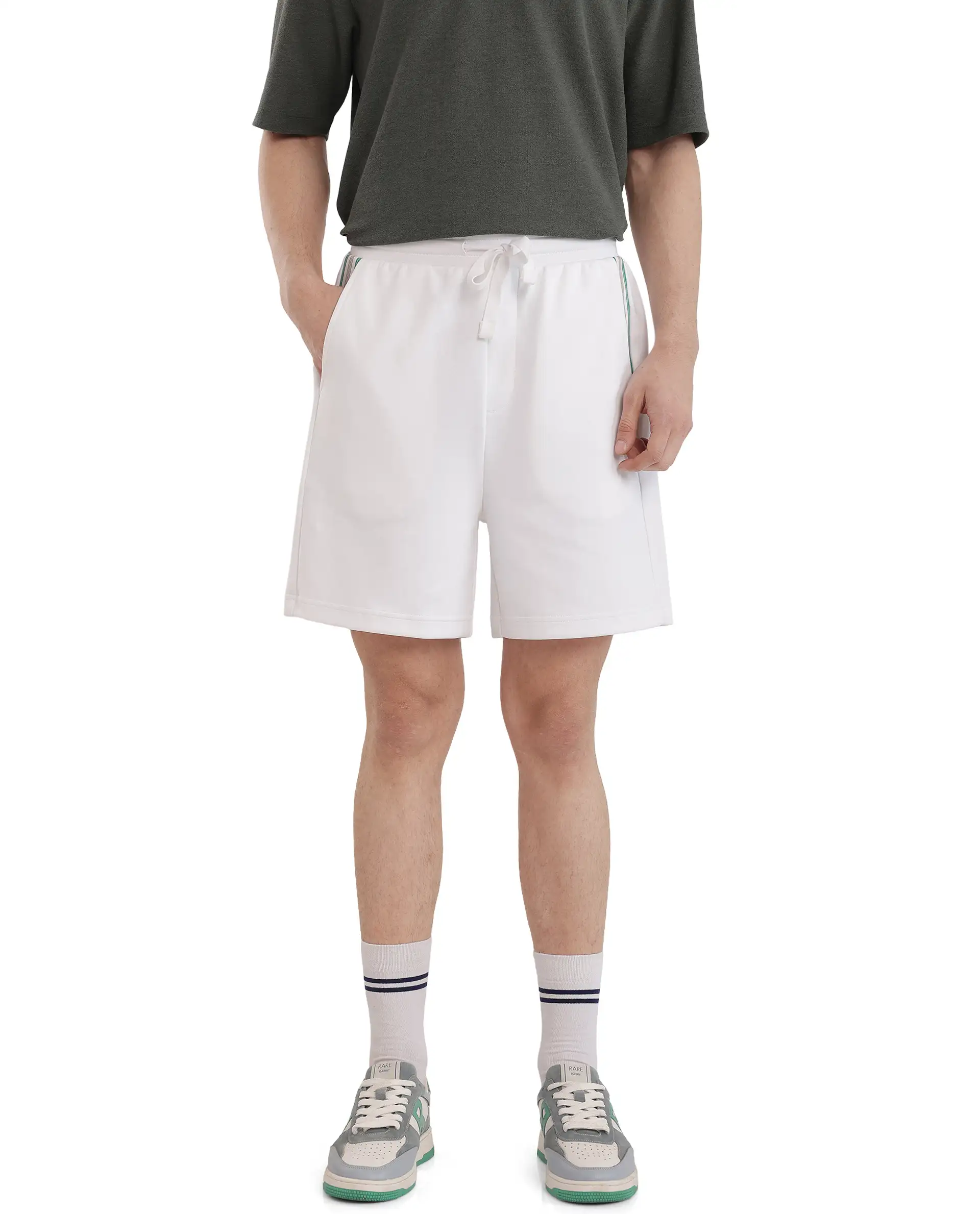 Rare Rabbit Men's Obl White Cotton Blend Plain Relaxed Fit Shorts - Image 4