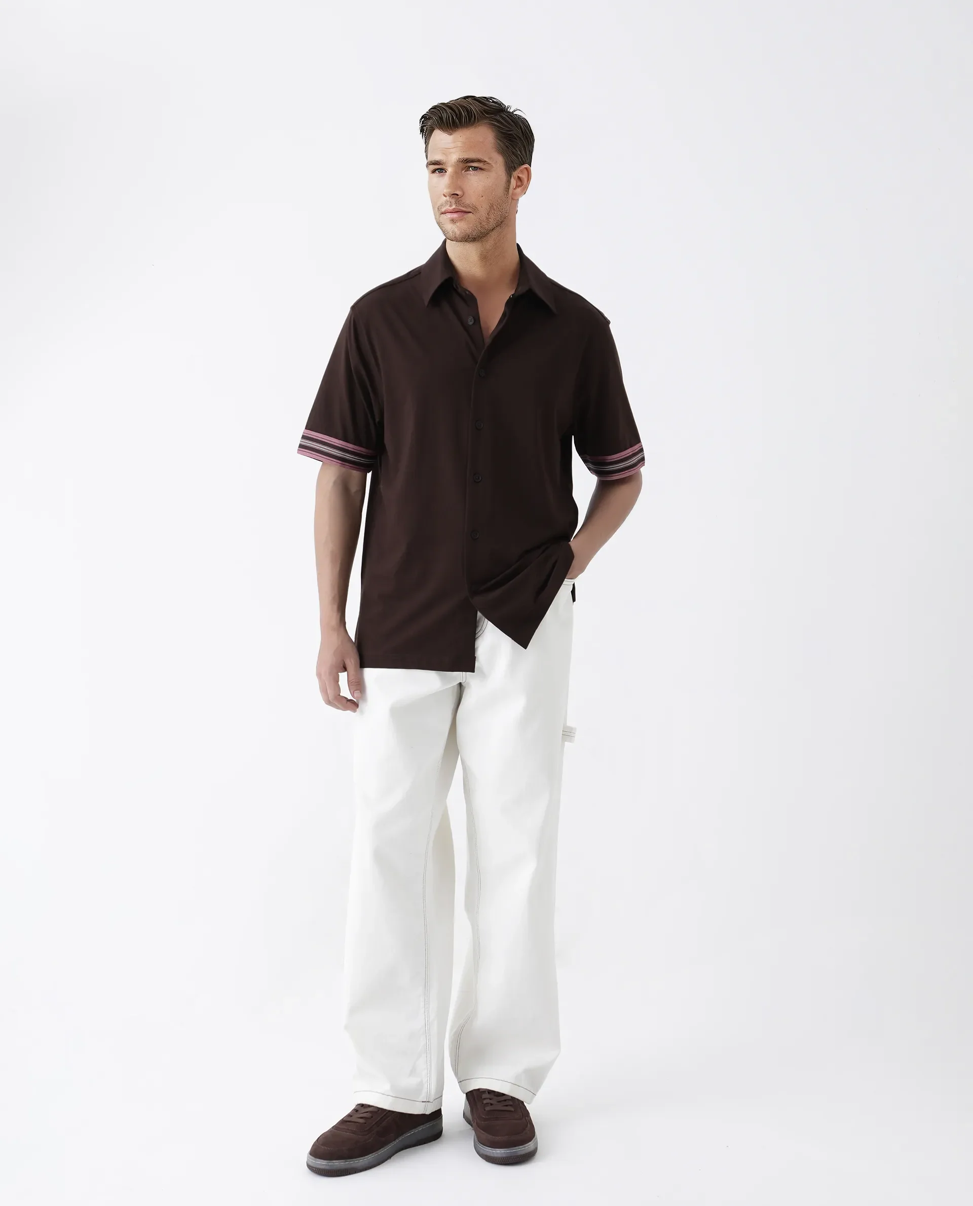 Rare Rabbit Men's Oble Dark Brown Cotton Blend Striped Print Relaxed Fit Half Sleeve Collared Shirt - Image 2