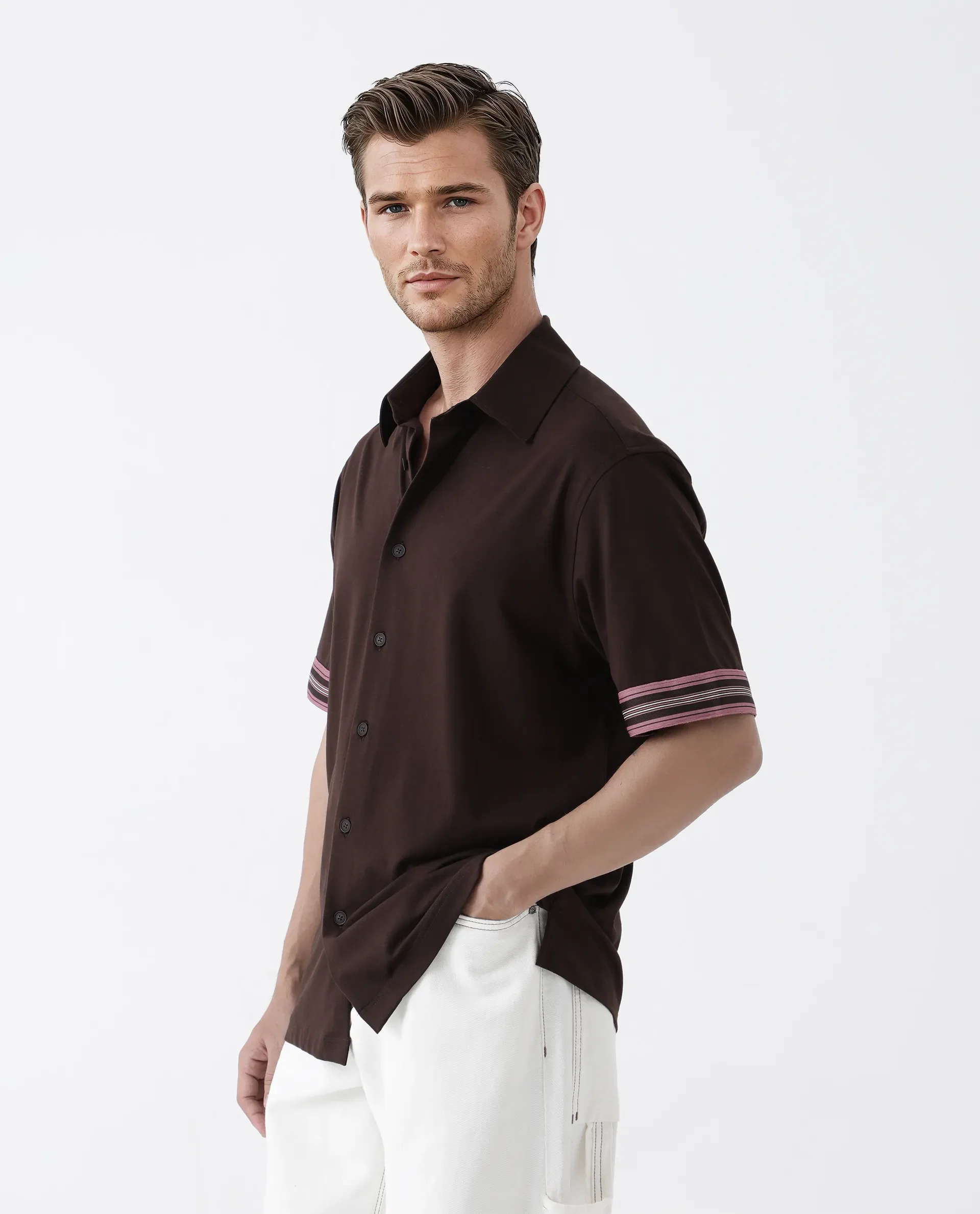 Rare Rabbit Men's Oble Dark Brown Cotton Blend Striped Print Relaxed Fit Half Sleeve Collared Shirt - Image 3