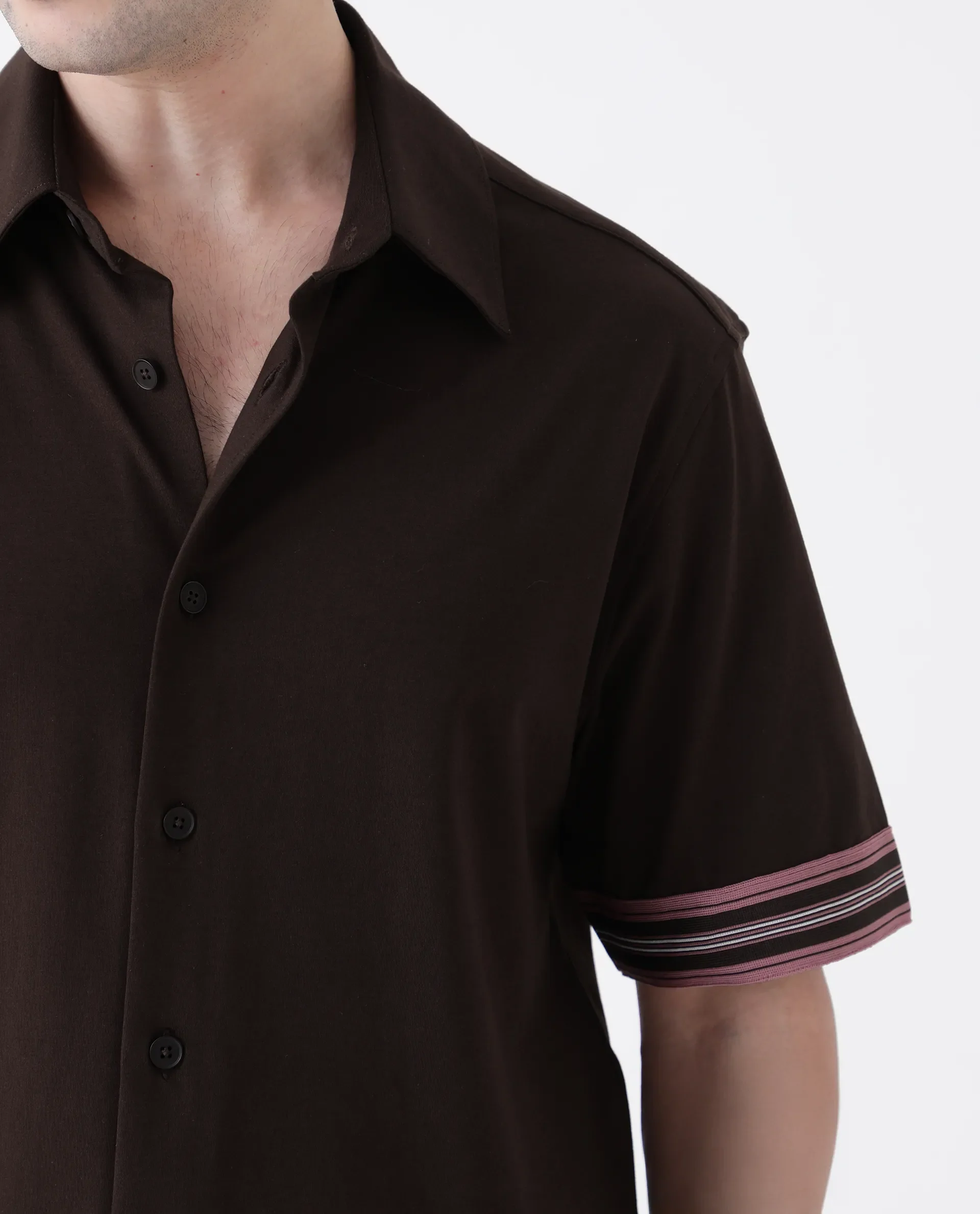 Rare Rabbit Men's Oble Dark Brown Cotton Blend Striped Print Relaxed Fit Half Sleeve Collared Shirt - Image 6