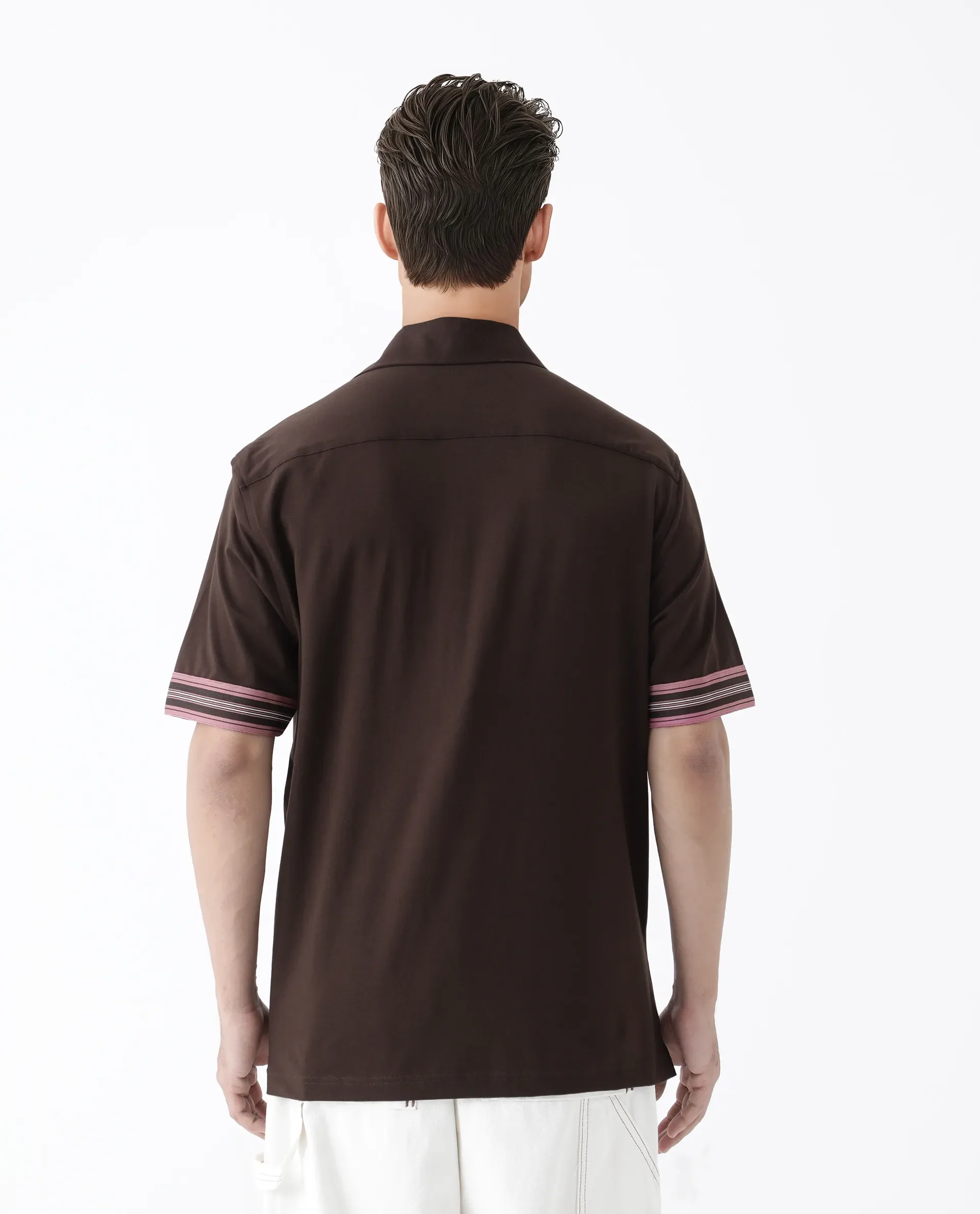 Rare Rabbit Men's Oble Dark Brown Cotton Blend Striped Print Relaxed Fit Half Sleeve Collared Shirt - Image 8