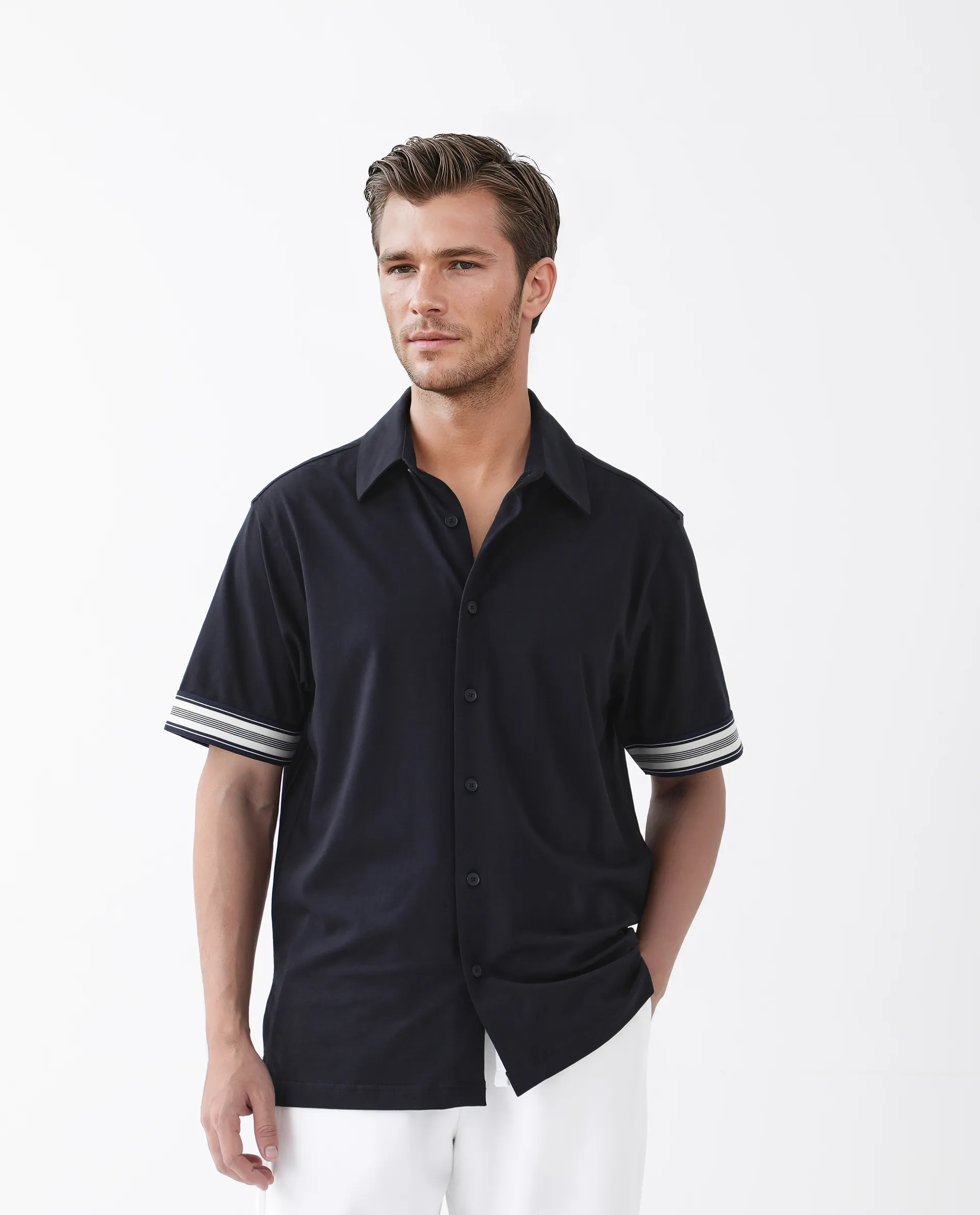 Rare Rabbit Men's Oble Dark Navy Cotton Blend Striped Print Relaxed Fit Half Sleeve Collared Shirt