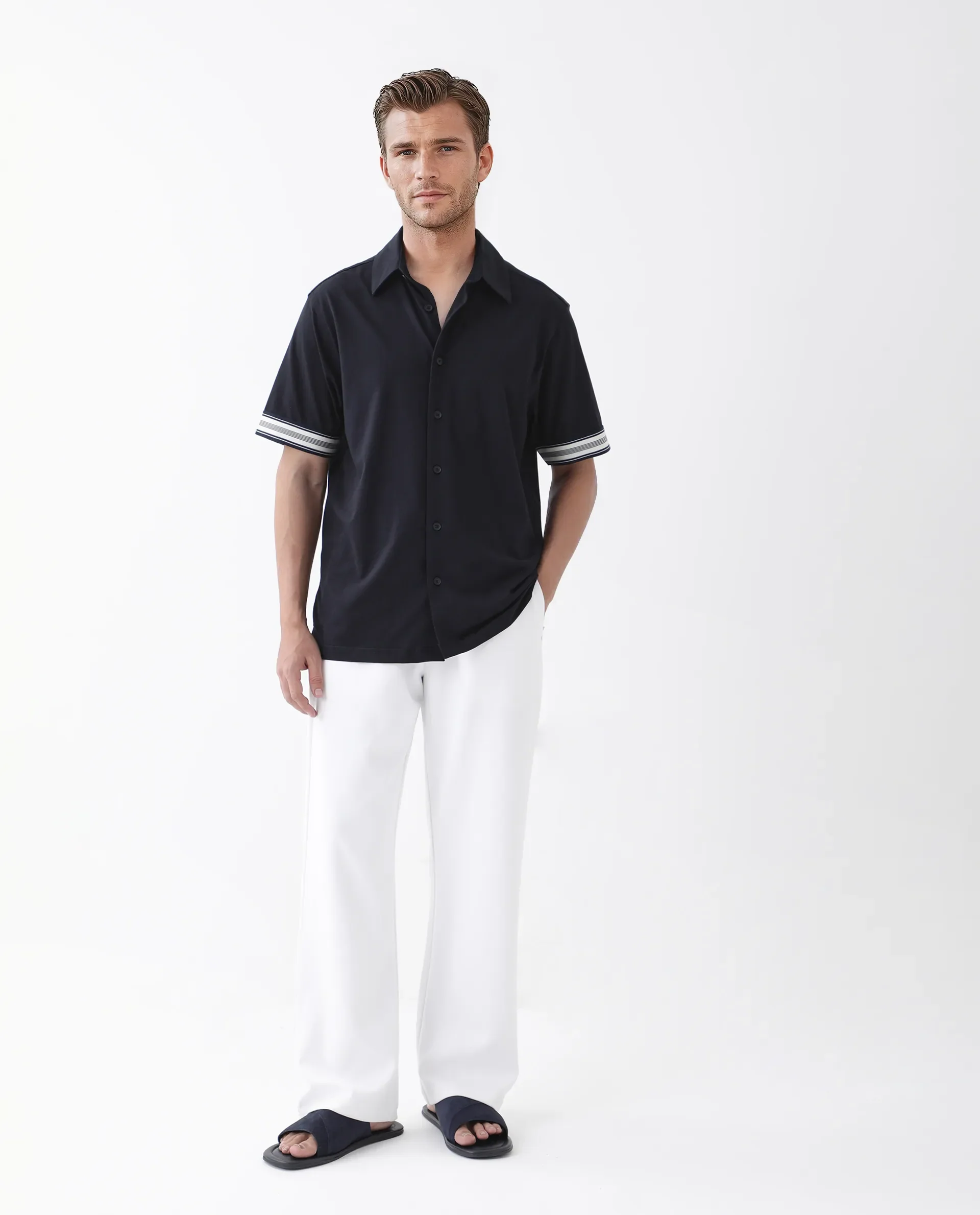 Rare Rabbit Men's Oble Dark Navy Cotton Blend Striped Print Relaxed Fit Half Sleeve Collared Shirt - Image 2