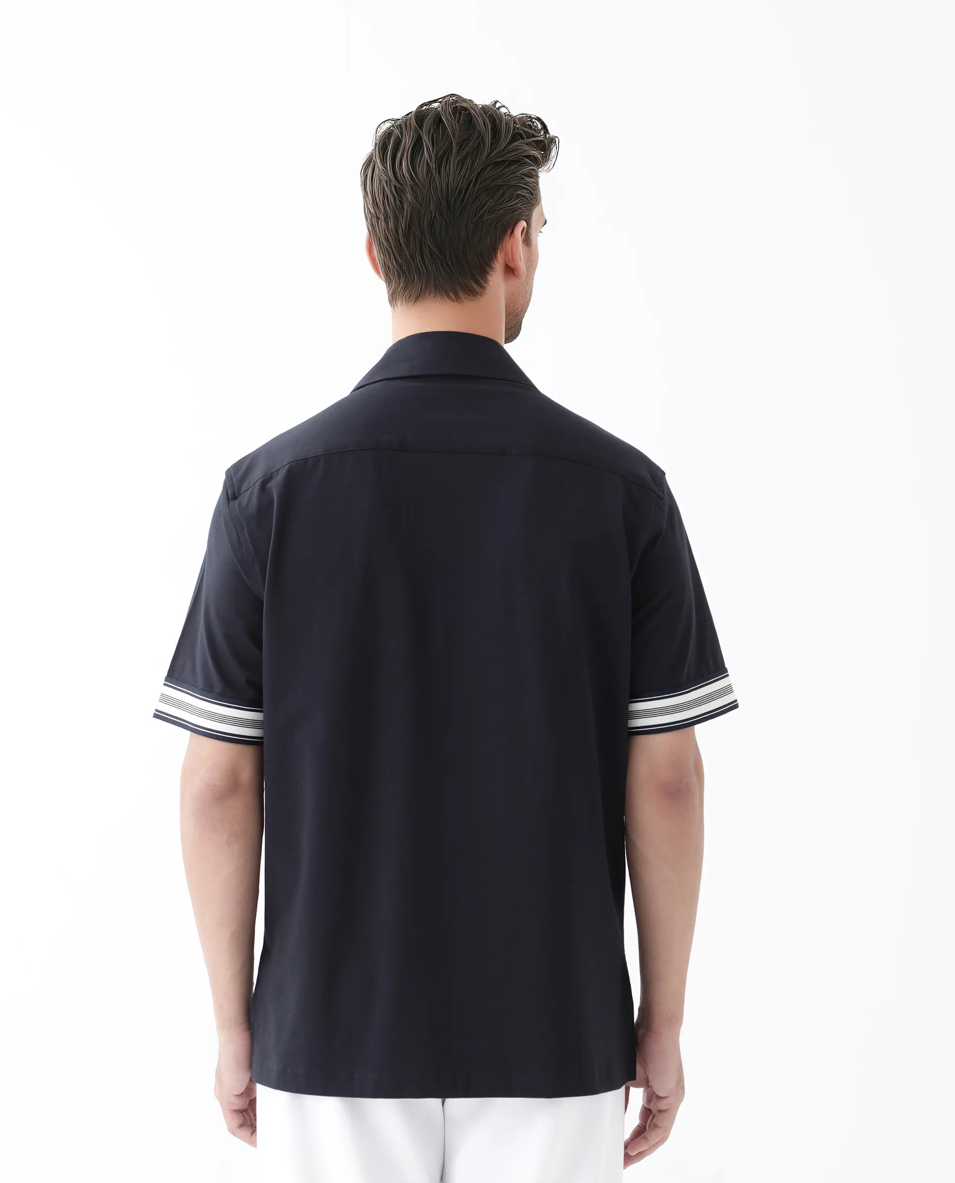Rare Rabbit Men's Oble Dark Navy Cotton Blend Striped Print Relaxed Fit Half Sleeve Collared Shirt - Image 4