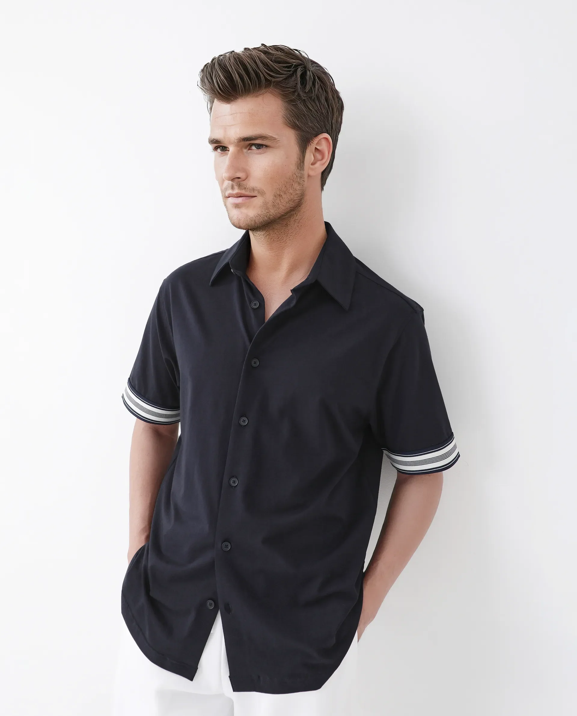 Rare Rabbit Men's Oble Dark Navy Cotton Blend Striped Print Relaxed Fit Half Sleeve Collared Shirt - Image 6
