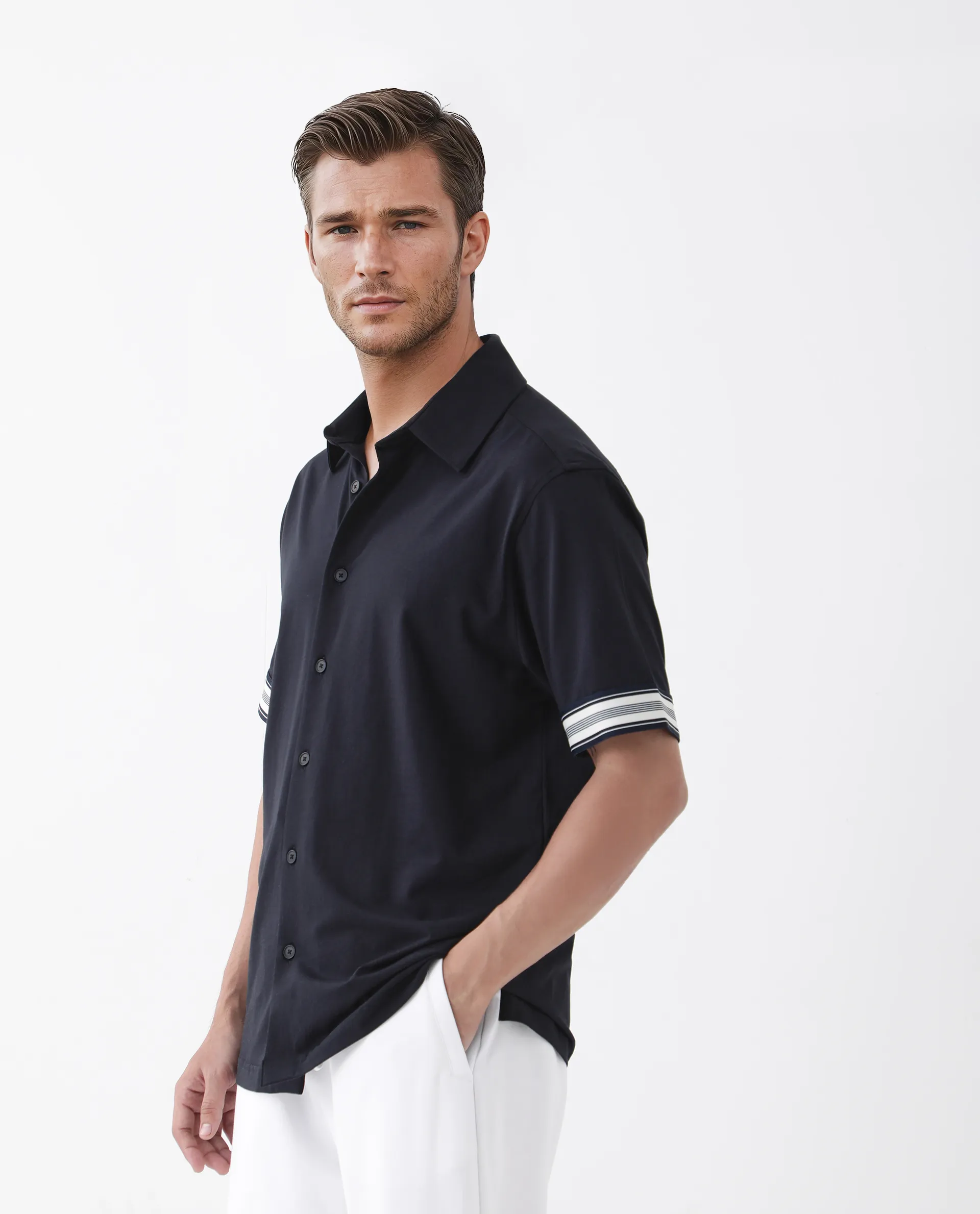 Rare Rabbit Men's Oble Dark Navy Cotton Blend Striped Print Relaxed Fit Half Sleeve Collared Shirt - Image 7