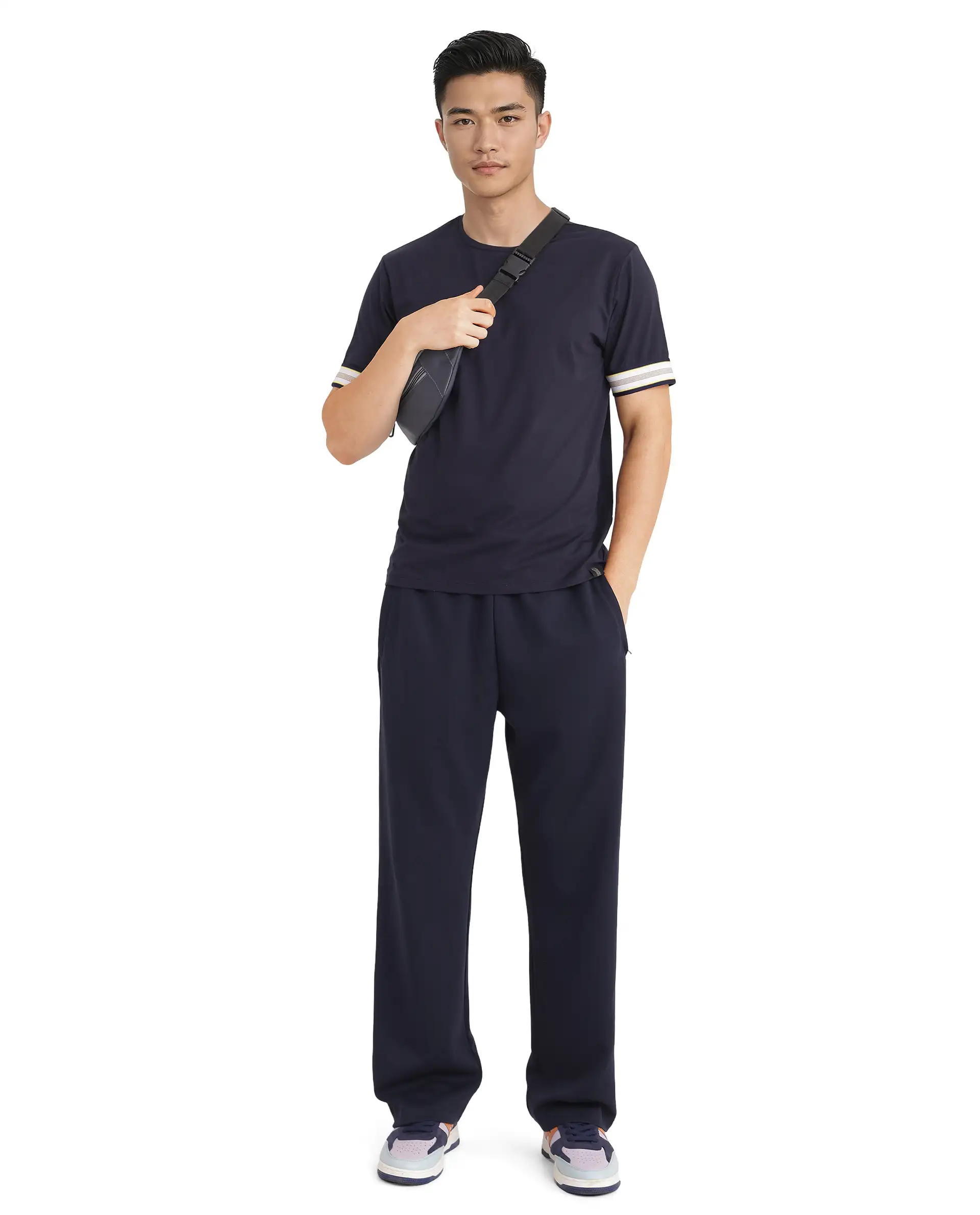 Rare Rabbit Men's Oblee Navy Cotton Blend Plain Relaxed Fit Half Sleeve Crew Neck T-Shirt - Image 3