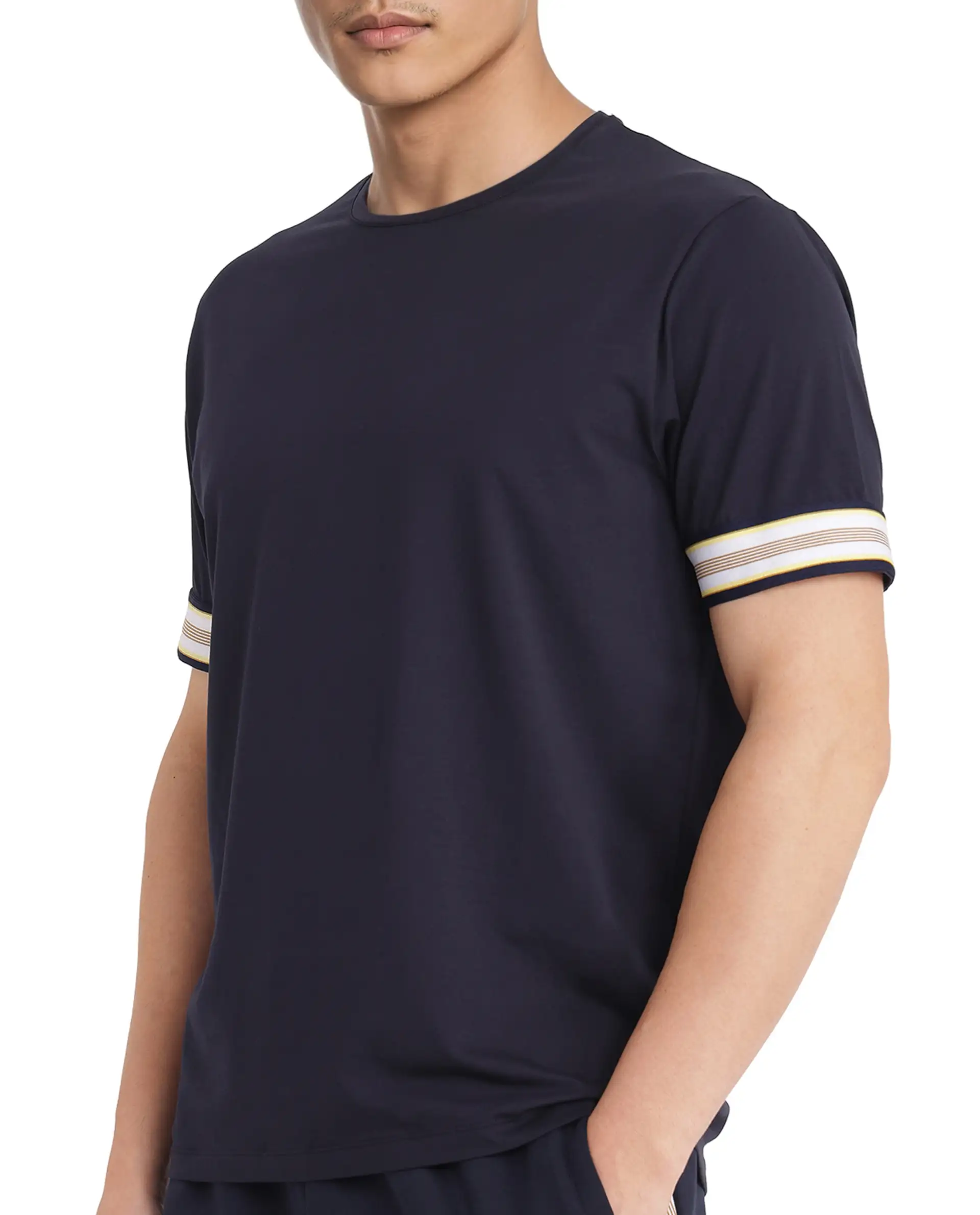 Rare Rabbit Men's Oblee Navy Cotton Blend Plain Relaxed Fit Half Sleeve Crew Neck T-Shirt - Image 4