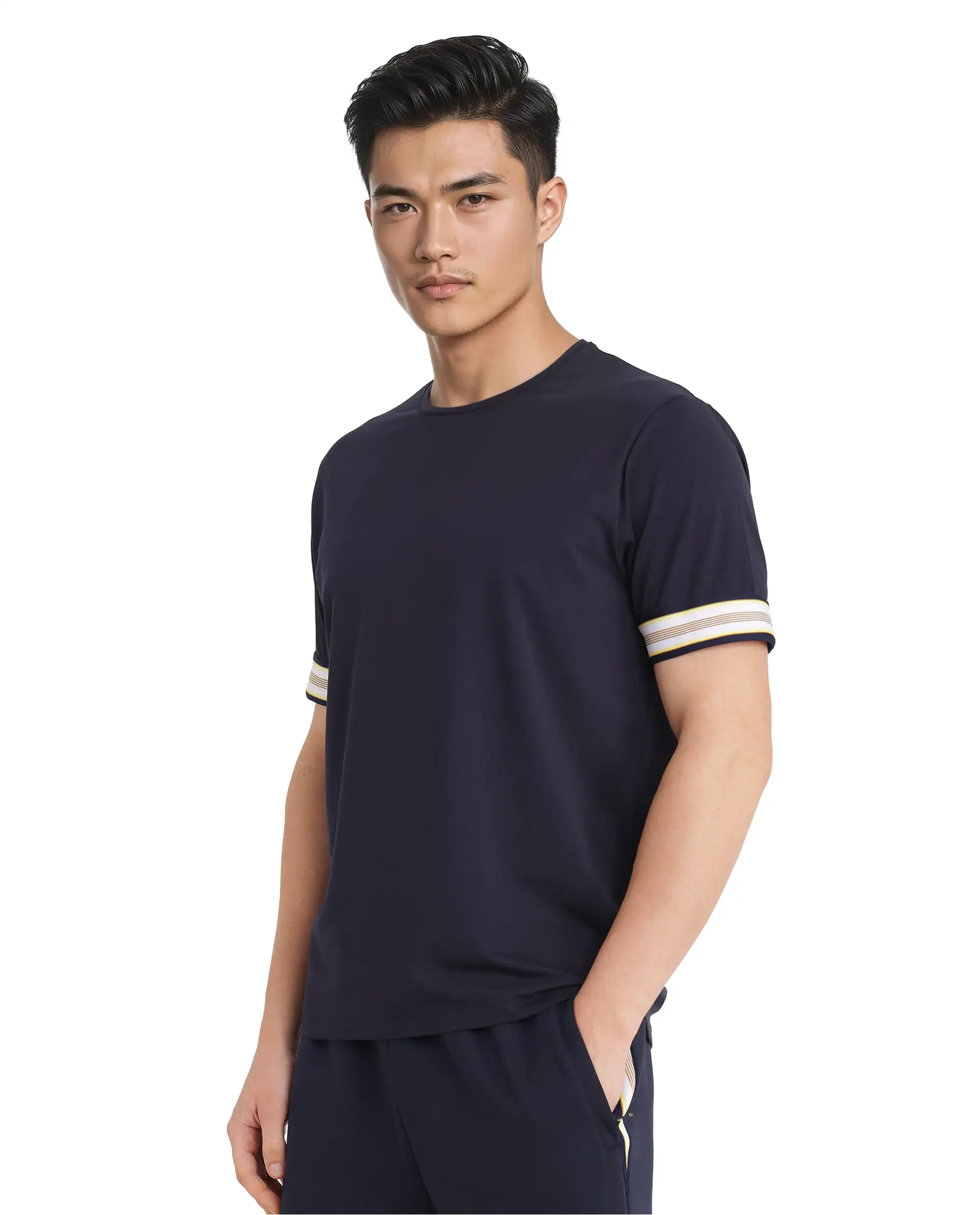 Rare Rabbit Men's Oblee Navy Cotton Blend Plain Relaxed Fit Half Sleeve Crew Neck T-Shirt - Image 5