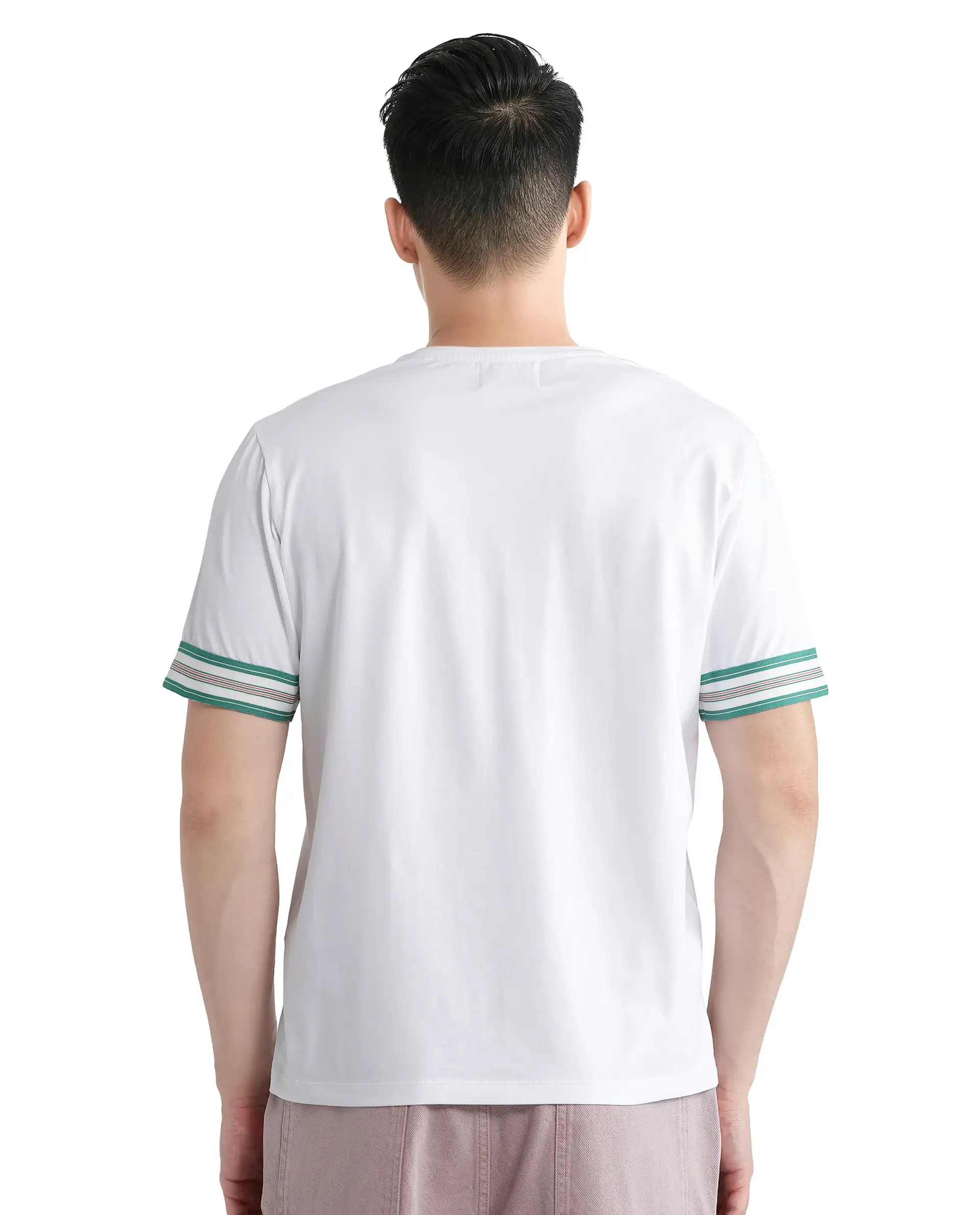 Rare Rabbit Men's Oblee White Cotton Blend Plain Relaxed Fit Half Sleeve Crew Neck T-Shirt - Image 4