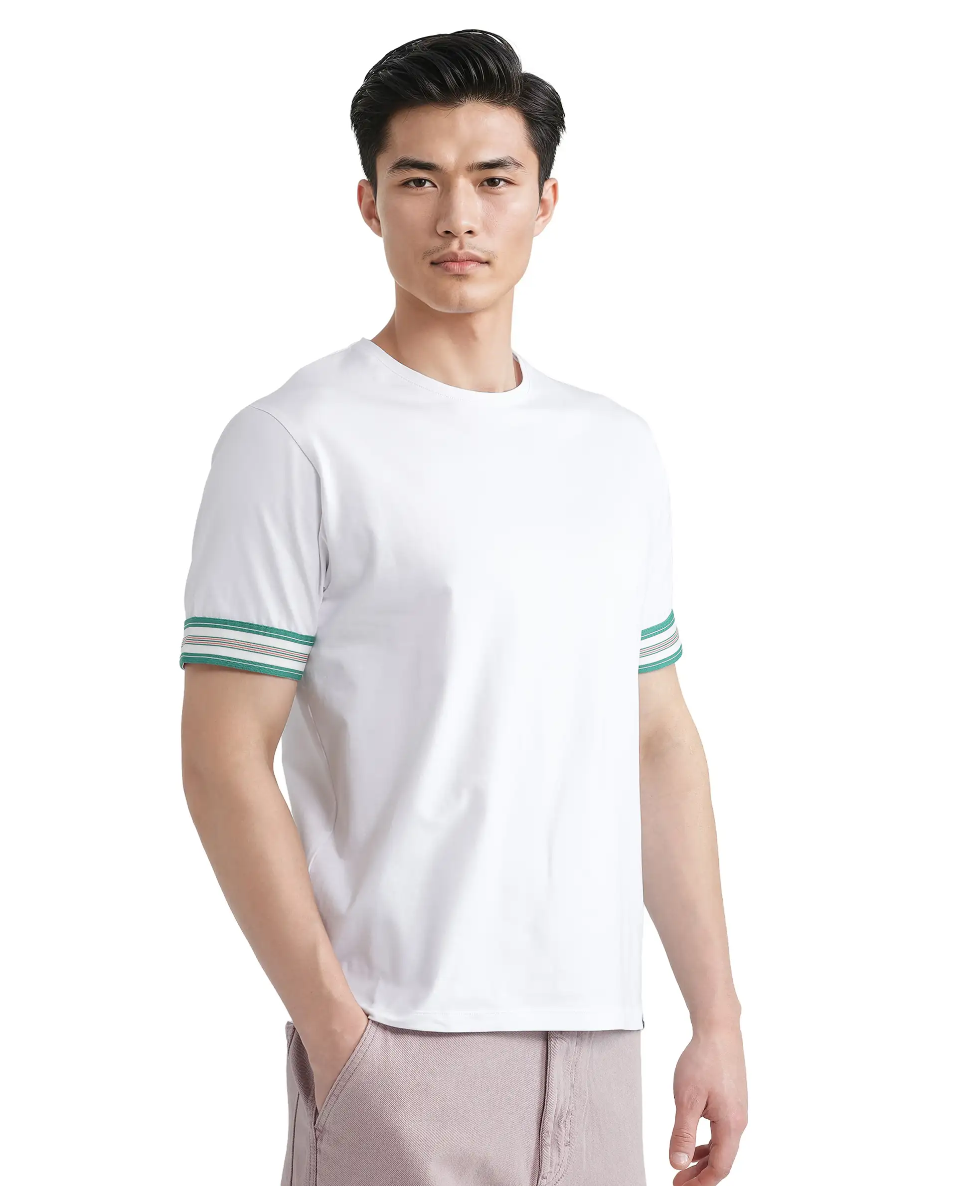 Rare Rabbit Men's Oblee White Cotton Blend Plain Relaxed Fit Half Sleeve Crew Neck T-Shirt - Image 6