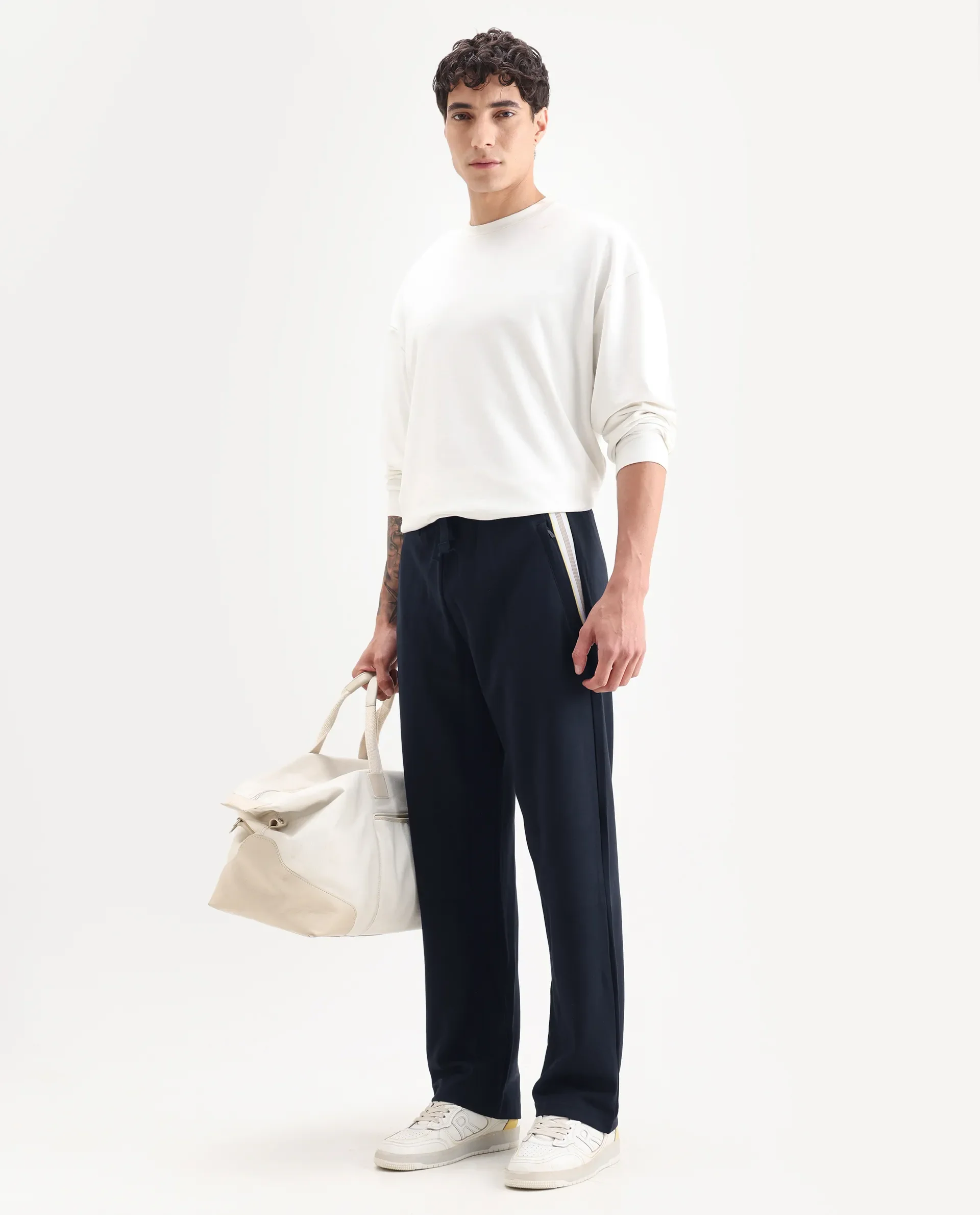 Rare Rabbit Men's Oblic Navy Cotton Blend Plain Relaxed Fit Track Pant