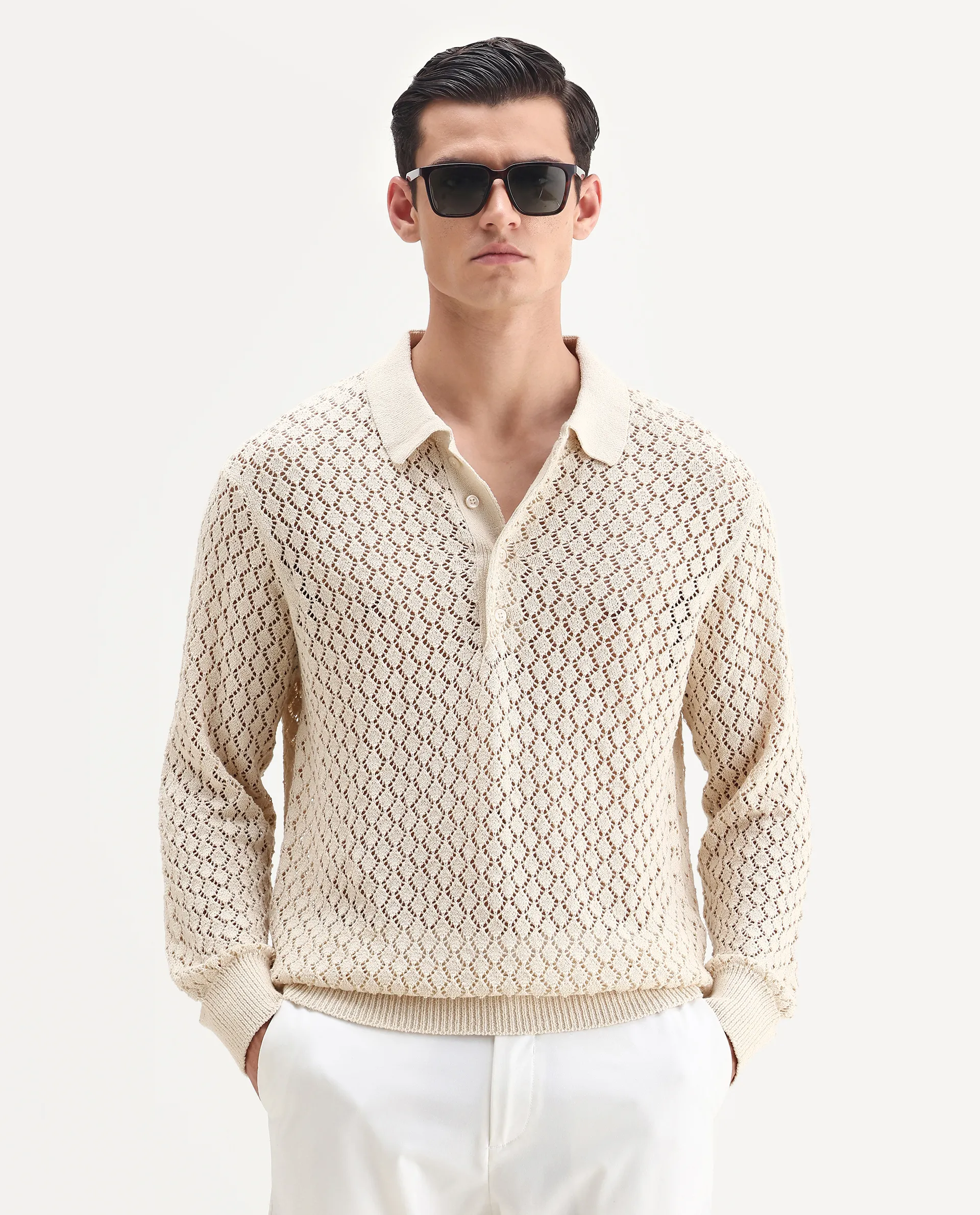 Rare Rabbit Men's Ocon Light Beige Cotton Blend Fabric Collared Neck Regular Fit Geometric Print Polo