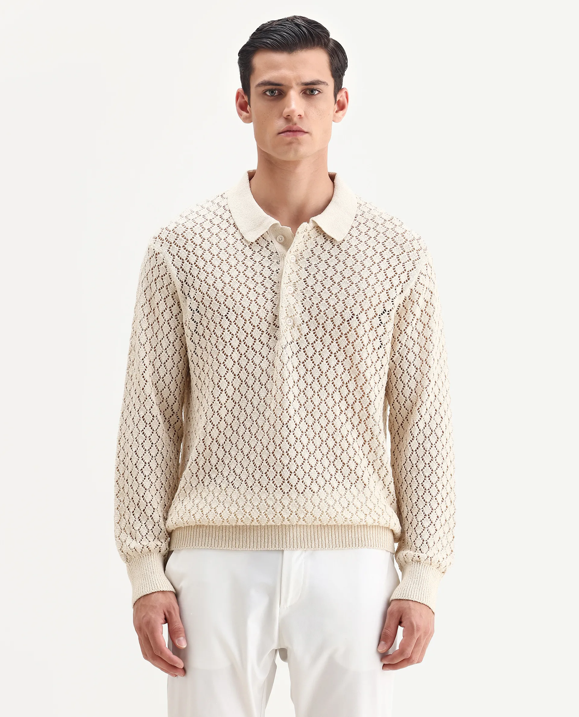 Rare Rabbit Men's Ocon Light Beige Cotton Blend Fabric Collared Neck Regular Fit Geometric Print Polo - Image 4
