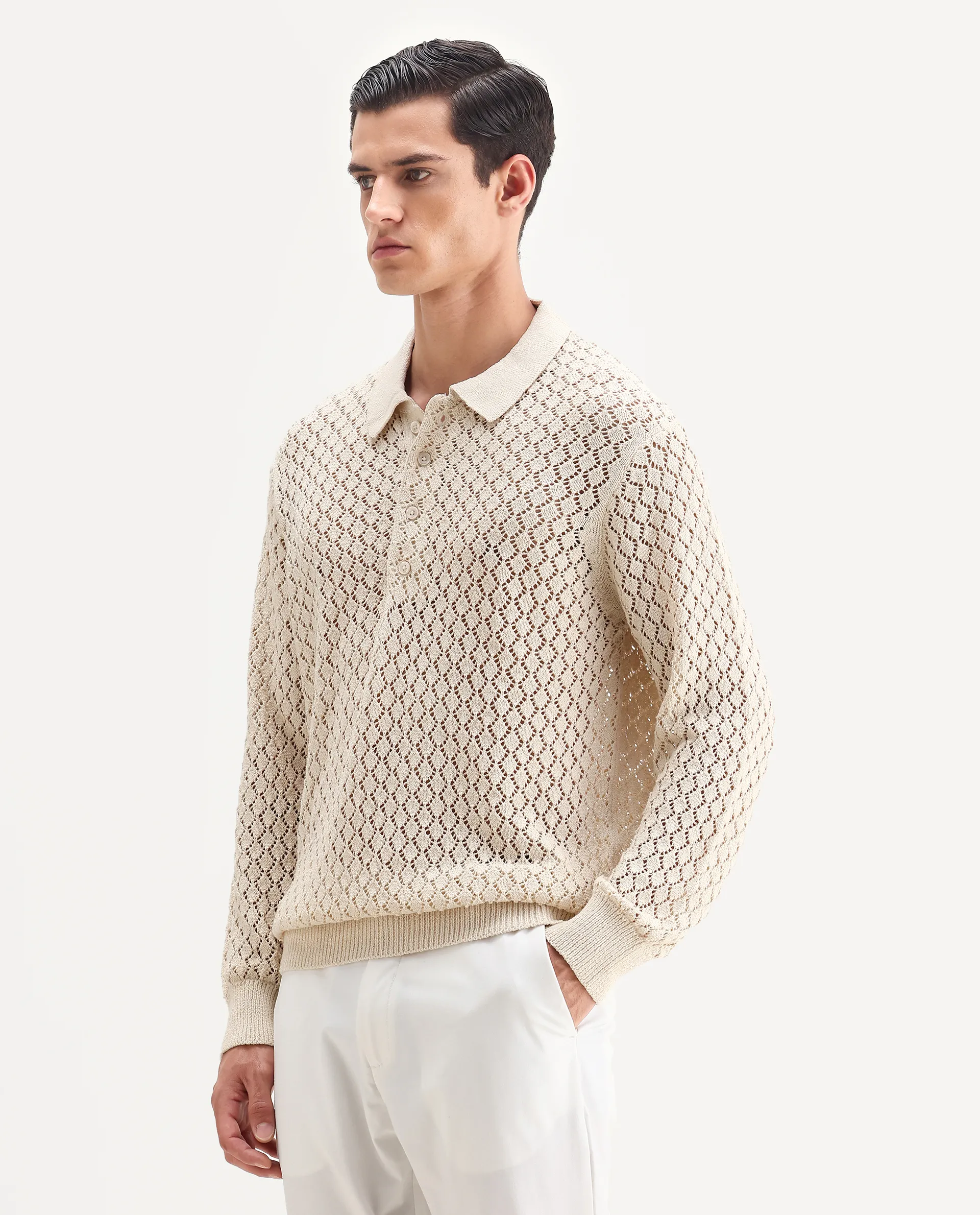 Rare Rabbit Men's Ocon Light Beige Cotton Blend Fabric Collared Neck Regular Fit Geometric Print Polo - Image 5
