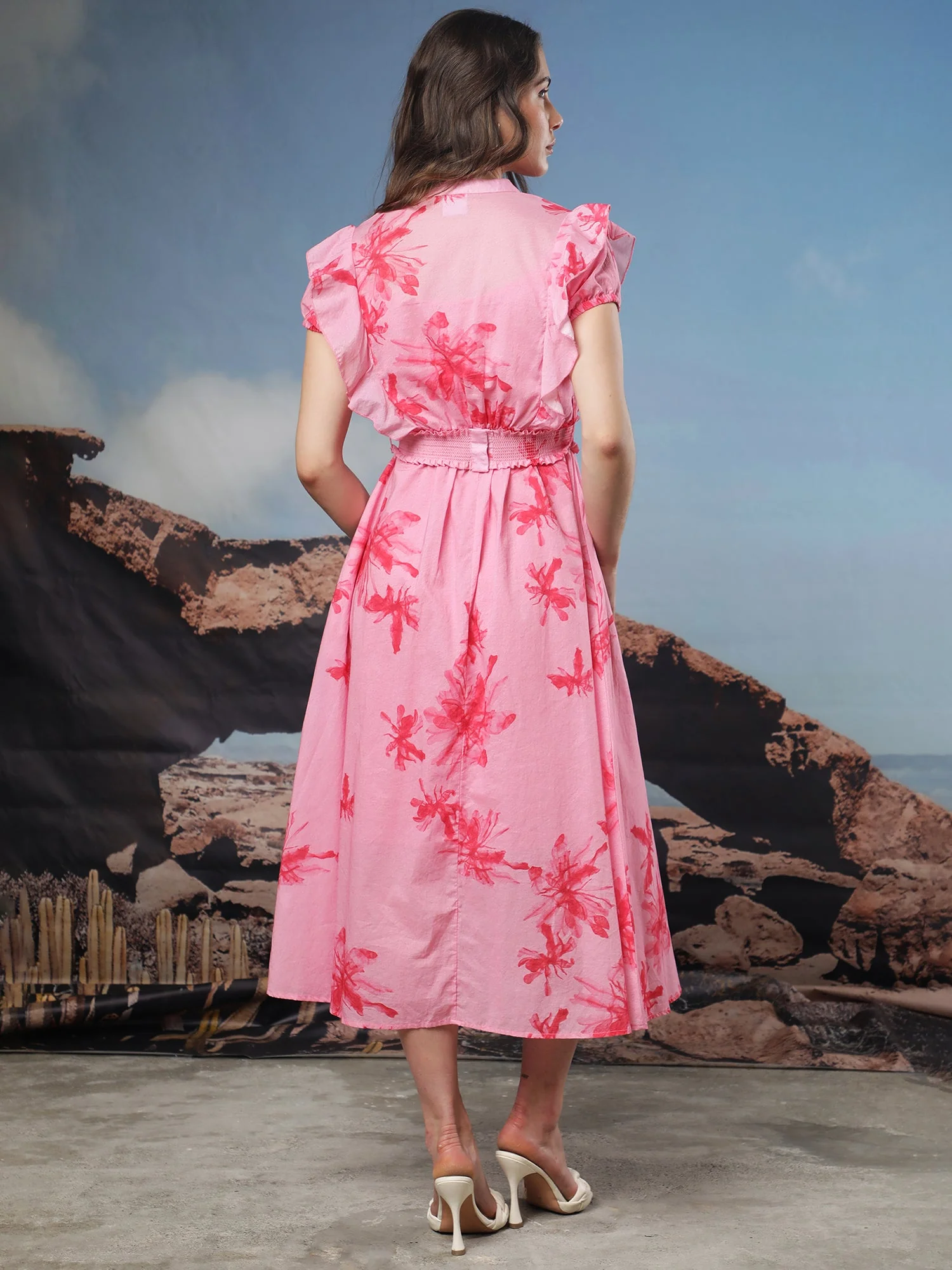 Rareism Women's Octane Pink Cotton Mandarin Collar Abstract Print Extended Sleeves Knee Length Regular Fit Dress - Image 10