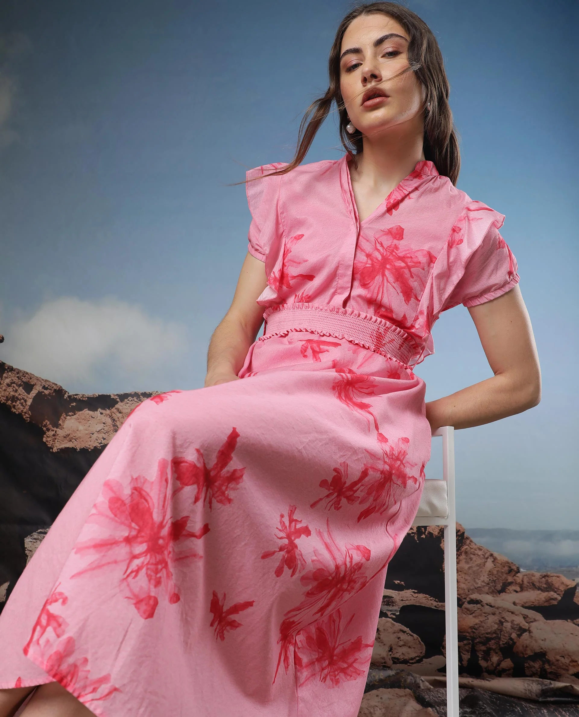 Rareism Women's Octane Pink Cotton Mandarin Collar Abstract Print Extended Sleeves Knee Length Regular Fit Dress - Image 3