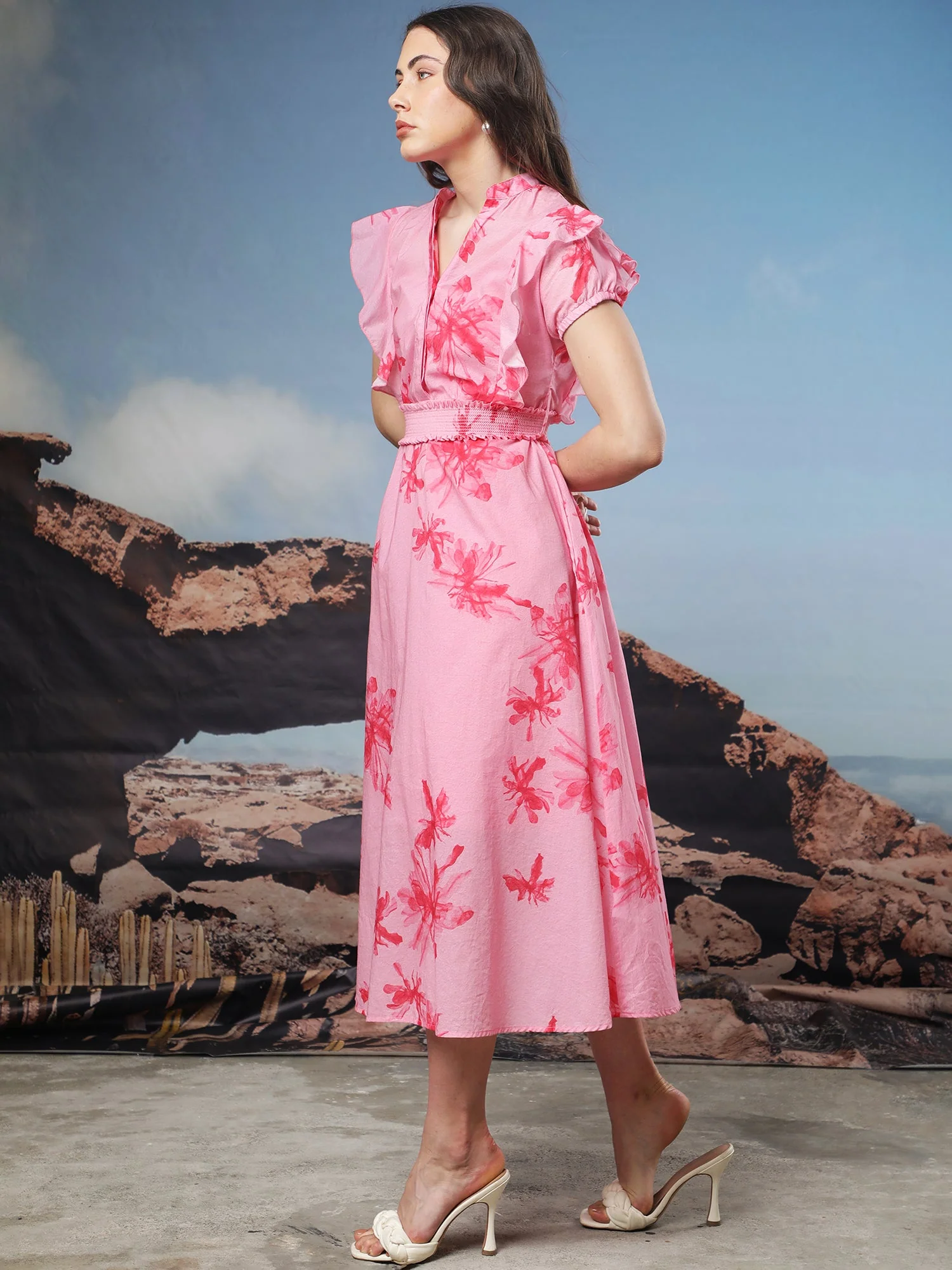 Rareism Women's Octane Pink Cotton Mandarin Collar Abstract Print Extended Sleeves Knee Length Regular Fit Dress - Image 6