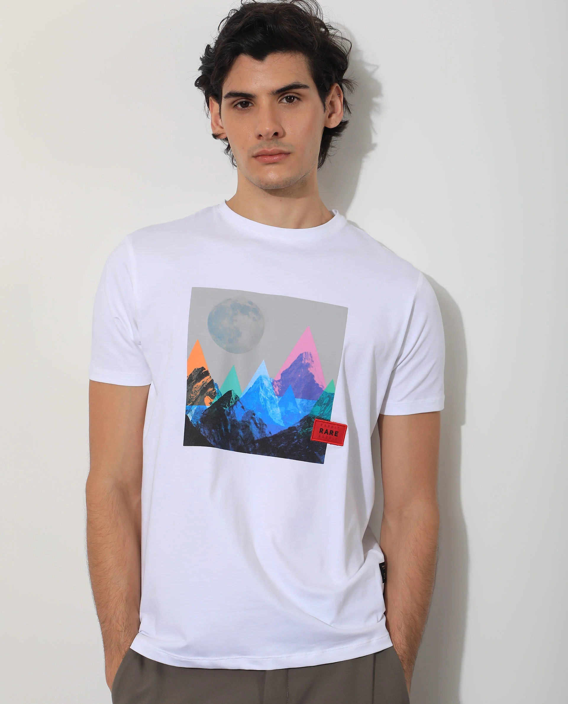 Rare Rabbit Men's Oden White Cotton Graphic Print Slim Fit Half Sleeve Crew Neck T-Shirt - Image 4
