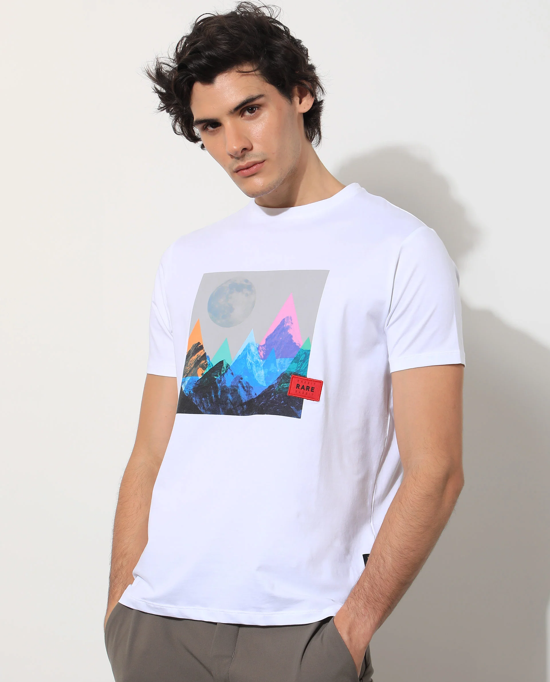 Rare Rabbit Men's Oden White Cotton Graphic Print Slim Fit Half Sleeve Crew Neck T-Shirt - Image 6