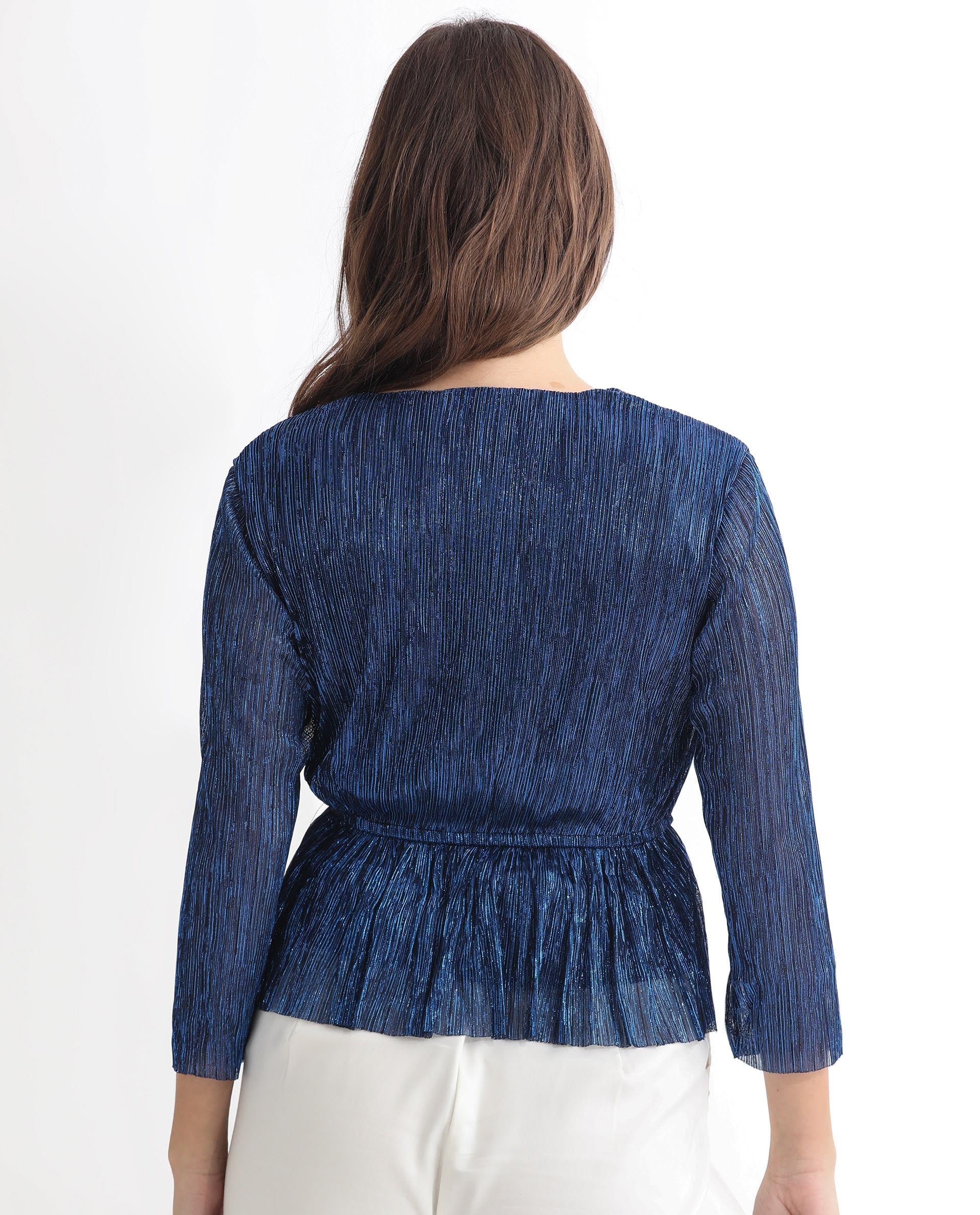 Rareism Women's Odim Metalic Blue Polyester V-Neck Shimmer Regular Fit Top - Image 11
