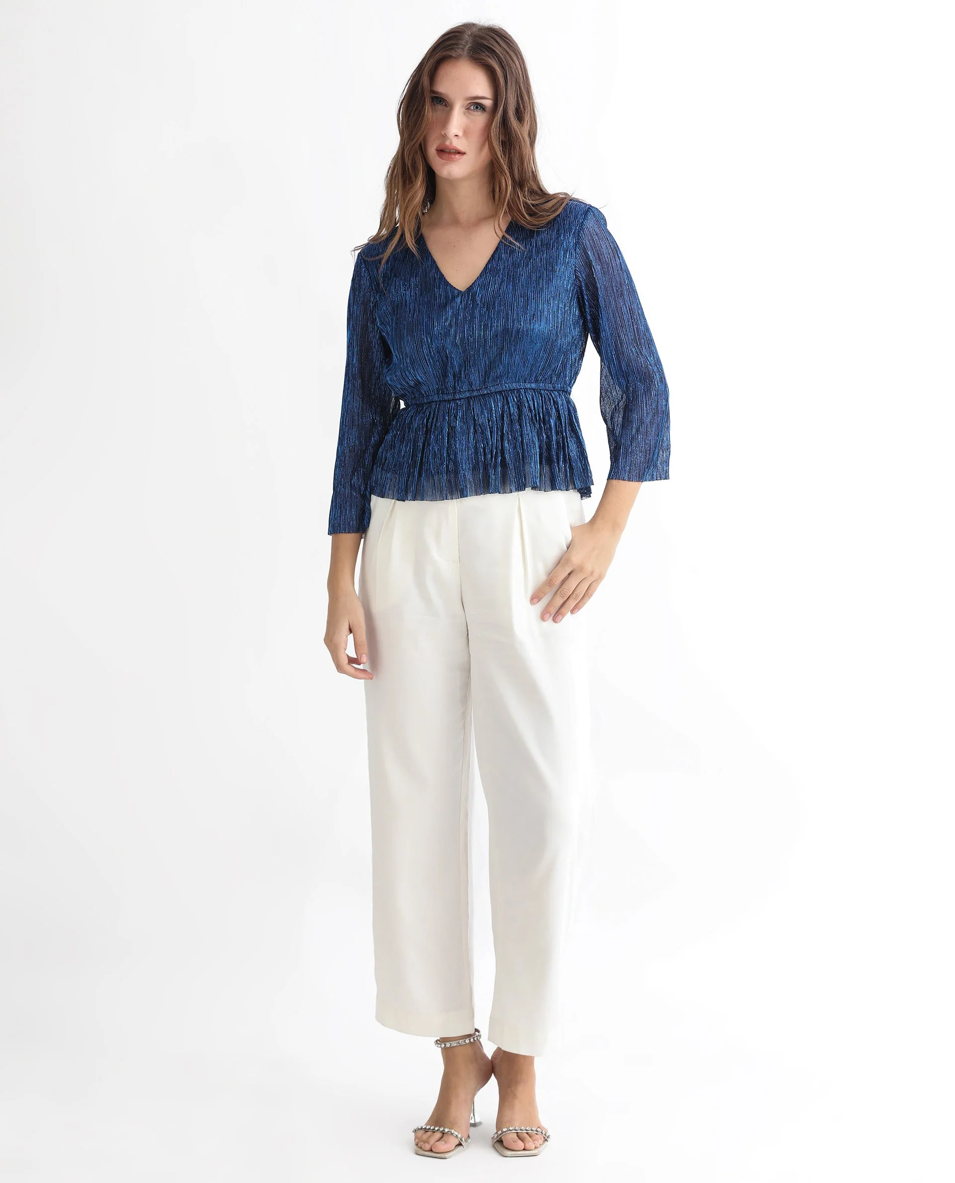 Rareism Women's Odim Metalic Blue Polyester V-Neck Shimmer Regular Fit Top - Image 2