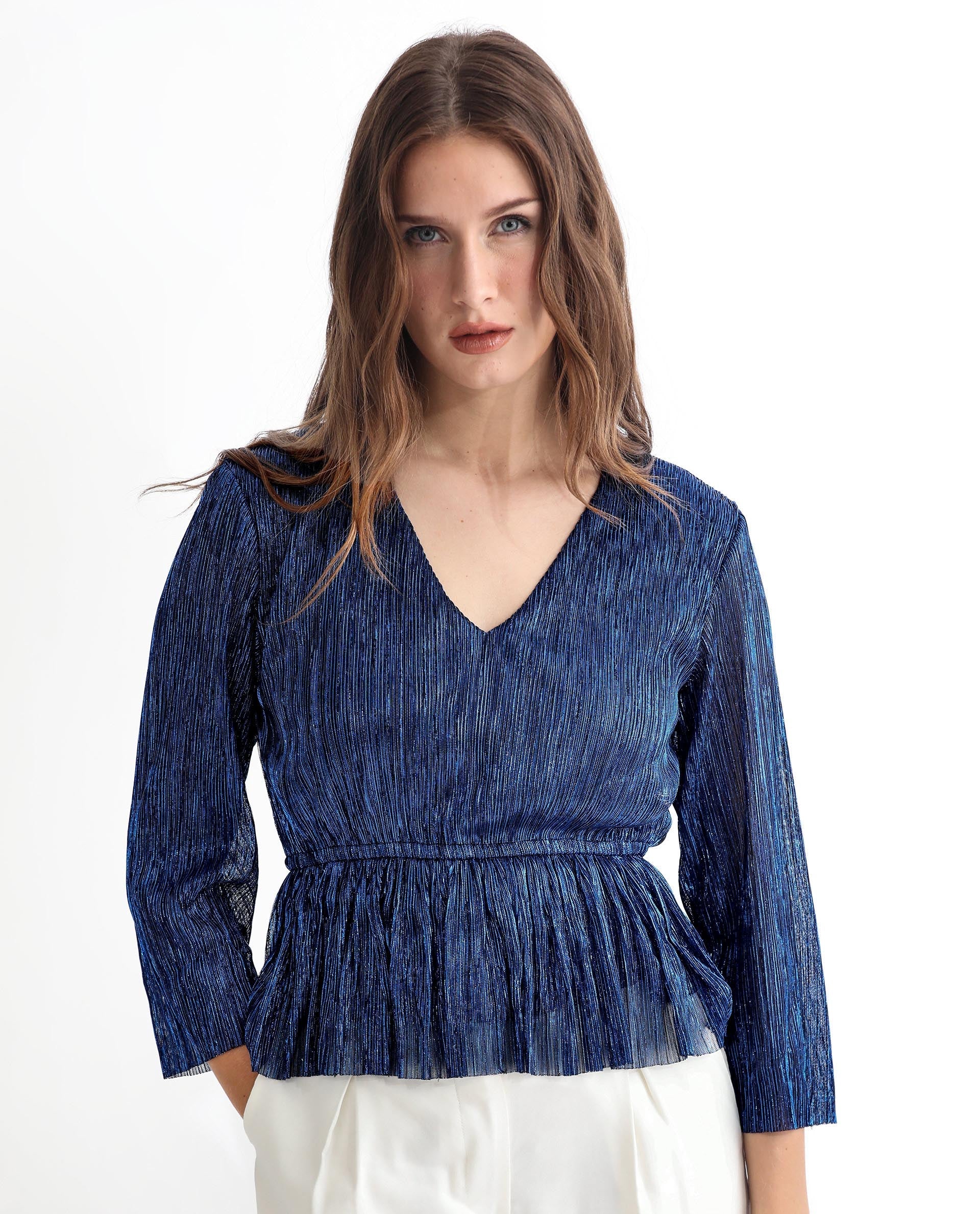 Rareism Women's Odim Metalic Blue Polyester V-Neck Shimmer Regular Fit Top - Image 4