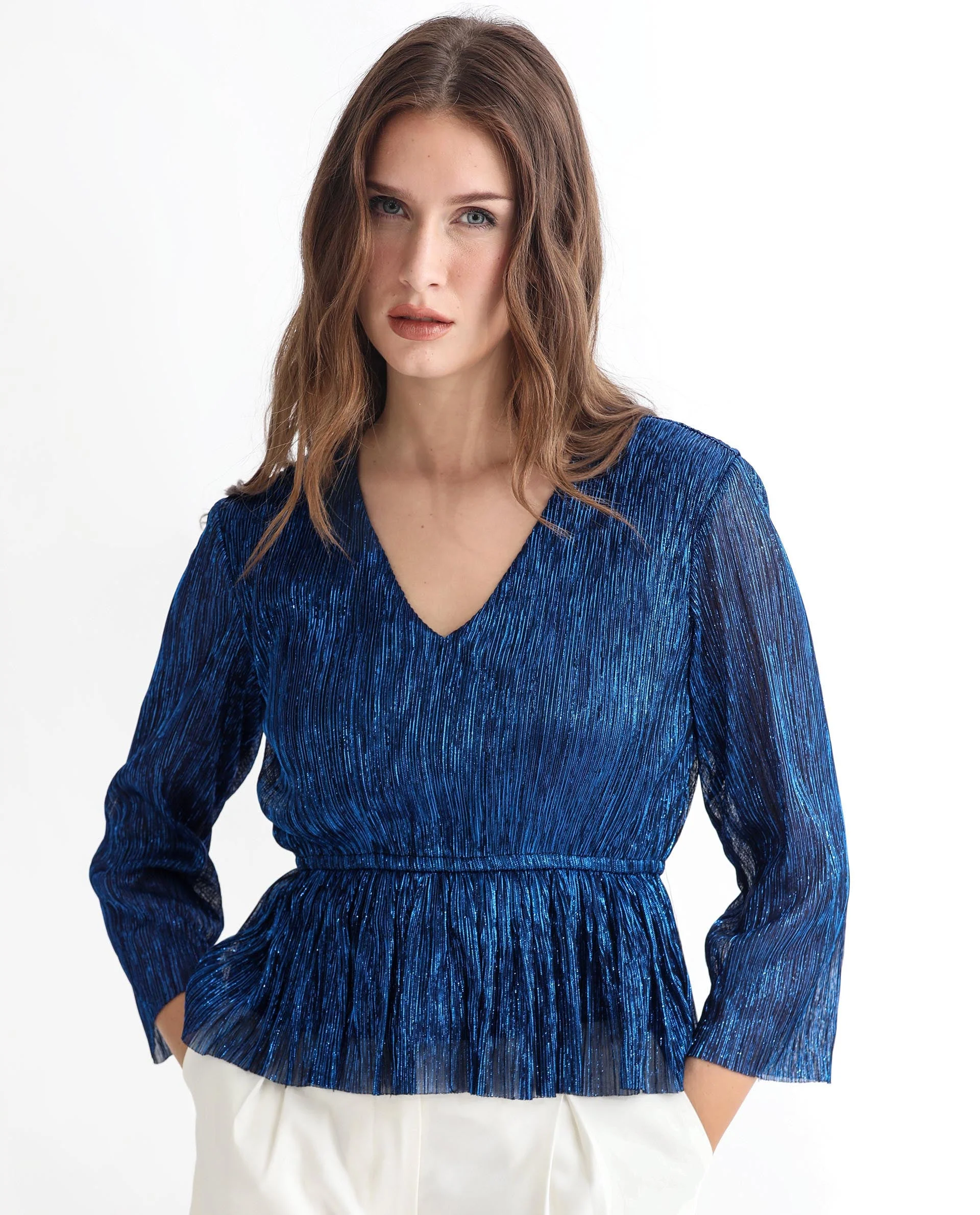 Rareism Women's Odim Metalic Blue Polyester V-Neck Shimmer Regular Fit Top - Image 5
