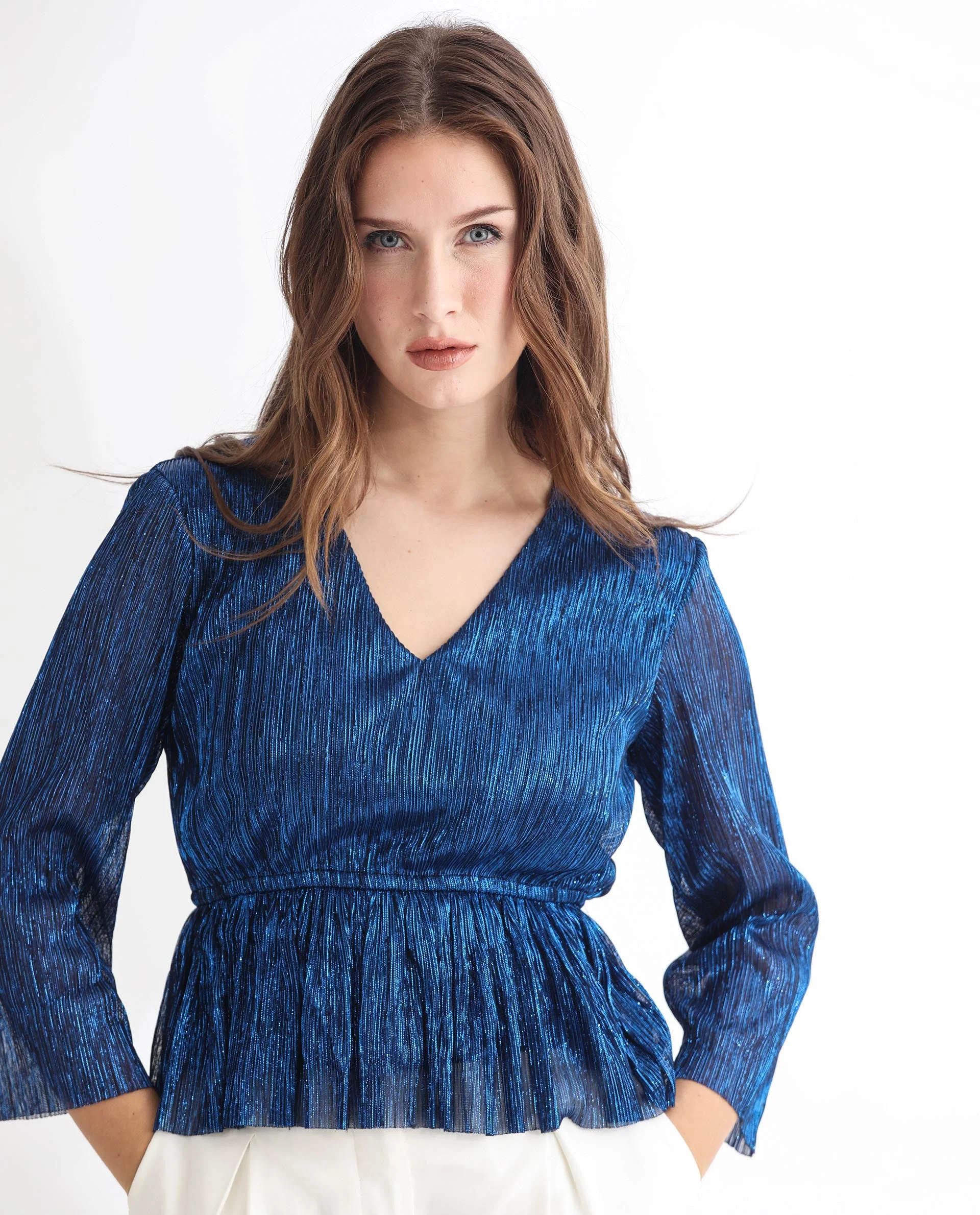 Rareism Women's Odim Metalic Blue Polyester V-Neck Shimmer Regular Fit Top - Image 6