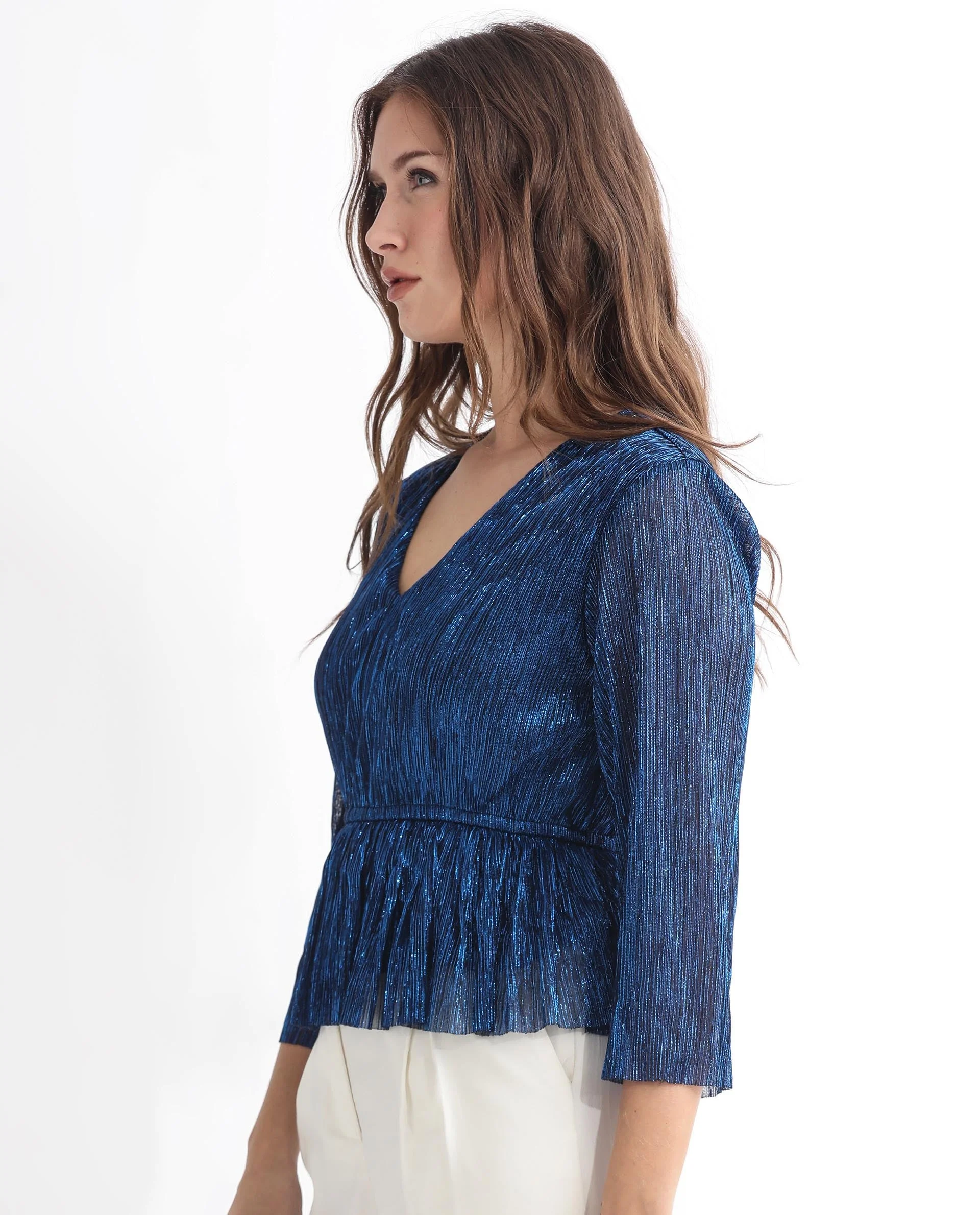 Rareism Women's Odim Metalic Blue Polyester V-Neck Shimmer Regular Fit Top - Image 9
